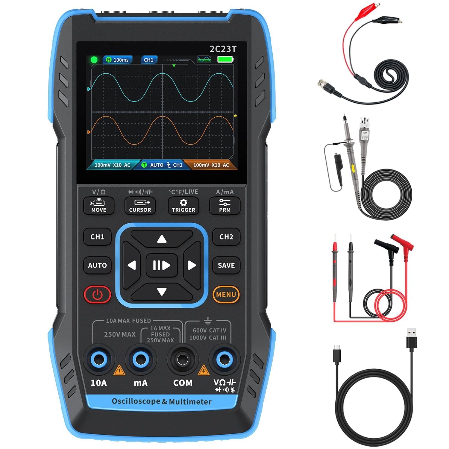 3 in 1 Handheld Oscilloscope Multimeter, 2C23T Digital DDS Generator, 2 Channels, 10MHz Bandwidth, 50MSa/s Sampling Rate, 10000 Counts, for Voltage, Current, Capacitor, Resistor, Diode Test