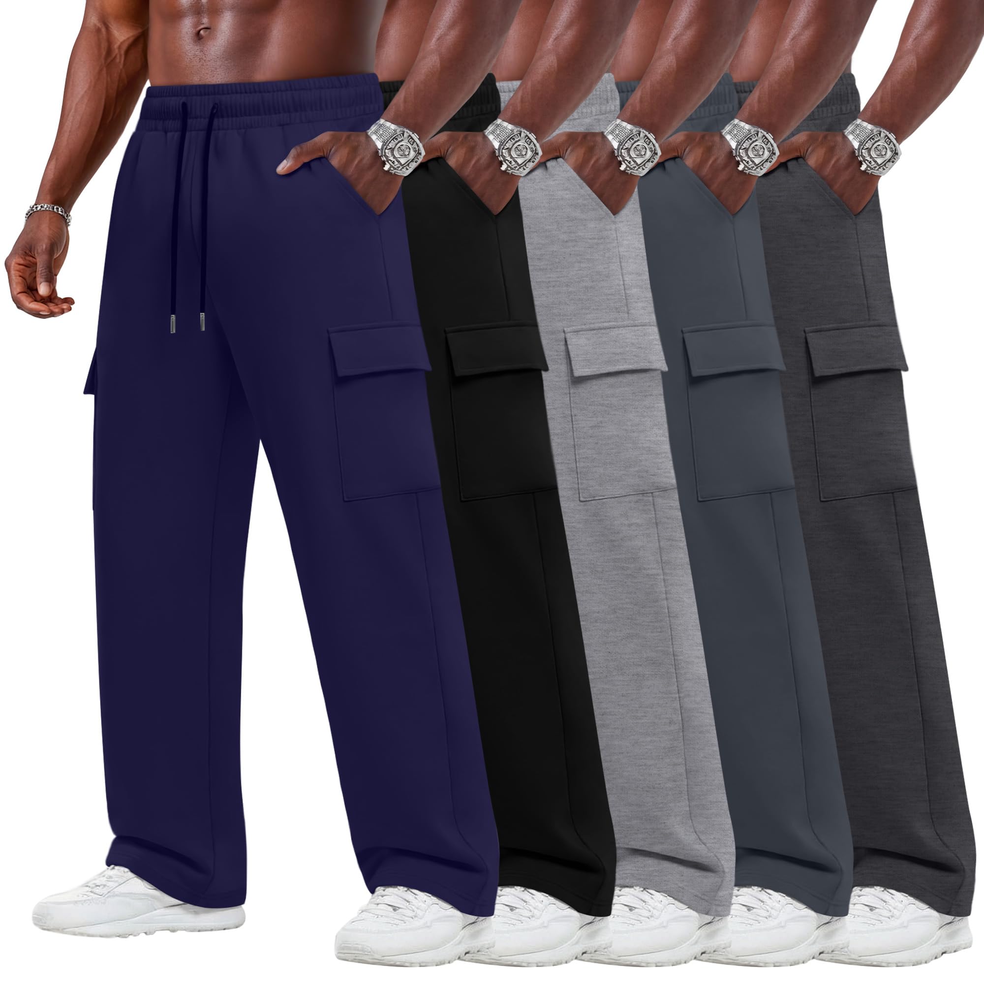 5 Pack Big and Tall Cargo Sweatpants for Men Baggy Wide Straight Leg Open Bottom Drawstring Pants with