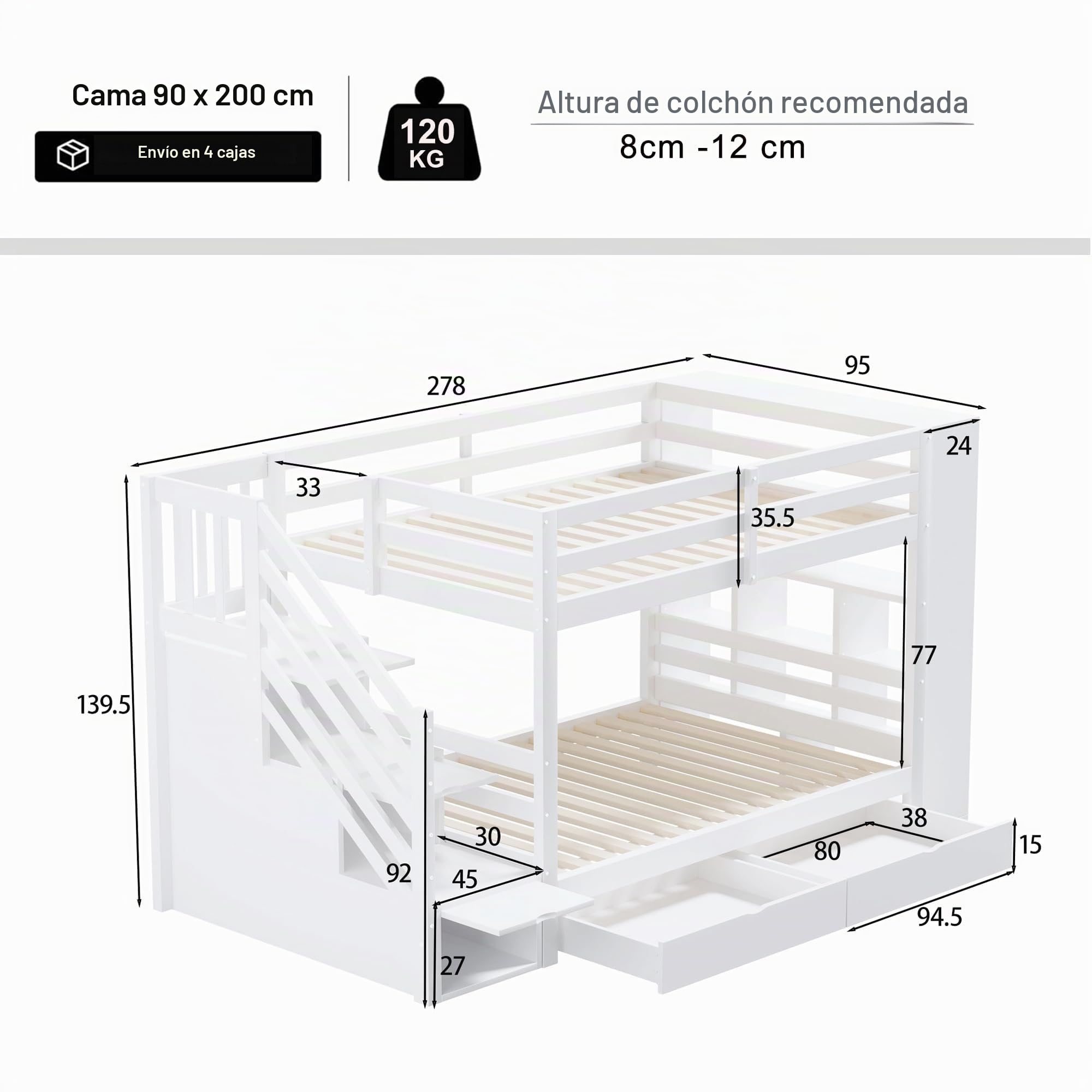 Moimhear Litera de 90 x 200 cm, escalera de seguridad con compartimentos de almacenamiento, cajones de almacenamiento y amplios armarios, estructura alta valla, somier de láminas, cama de pino