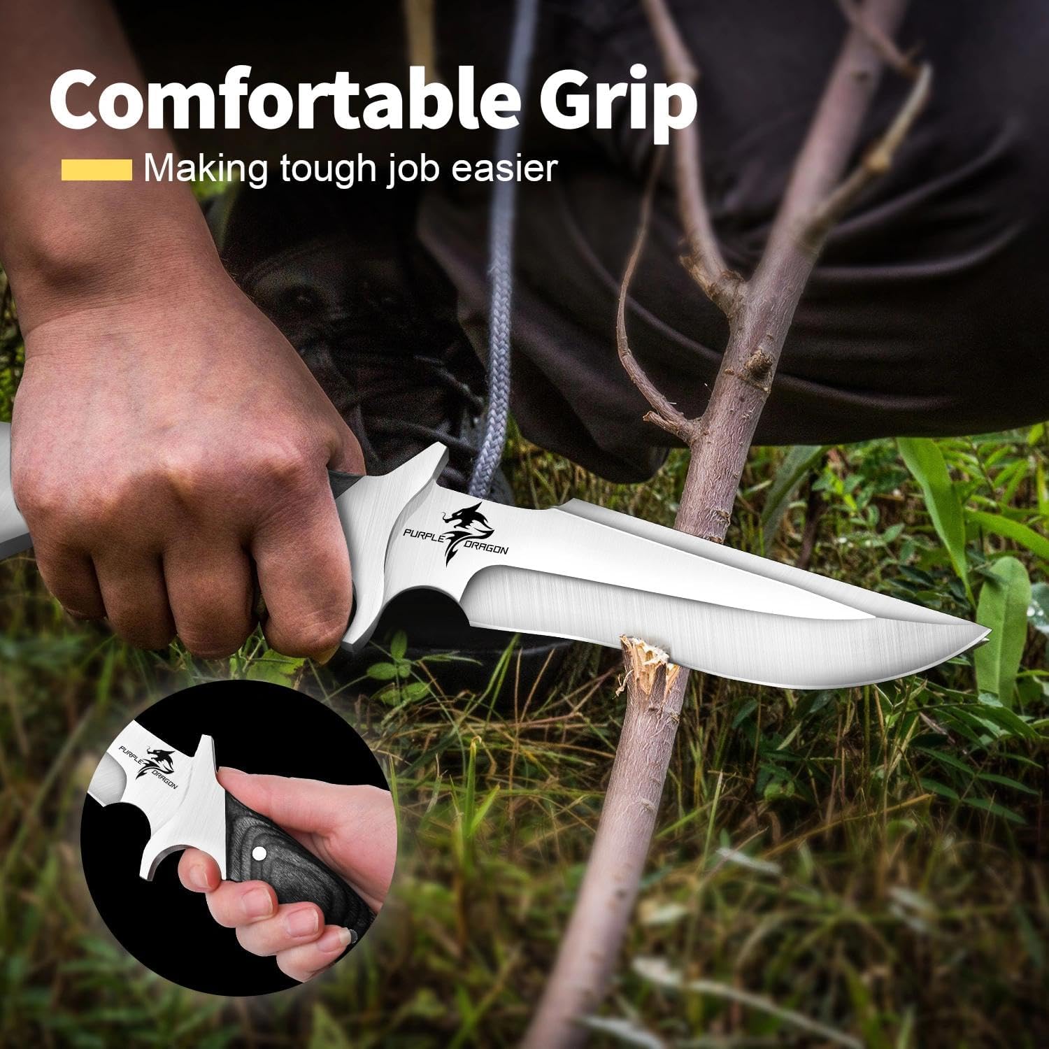 Purple Dragon Camping Fixed Blade Knife with Sheath,6 Inch Outdoor Knife Full Tang 440C Steel Bushcraft Knives with Redwood Handle-Outdoor Gear Christmas Gift for Men and Women Black - Image 3
