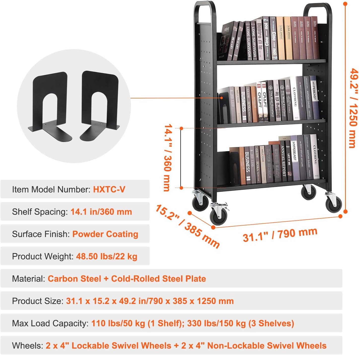 Happybuy Book Cart, 330 lbs Capacity, Rolling Library Cart, V-Shaped Shelves, Lockable Wheels, Office/School/Home Use, 31.1" x 15.2" x 49.2", Black
