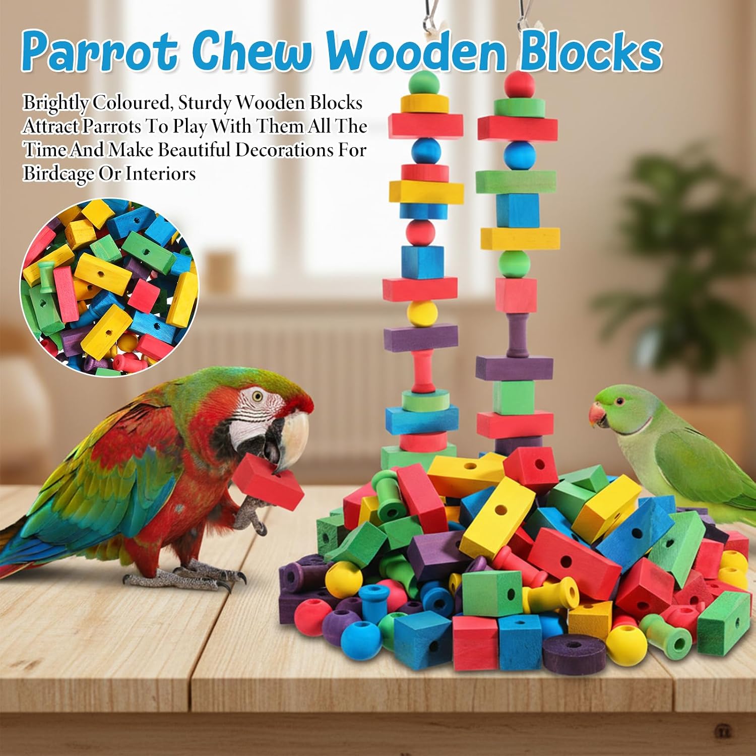 Bird Toys for Parrot, 165 Pcs Colorful DIY Wooden Blocks Craft, Cage Chewing Playing Training Toy for Cockatoos, Macaws, African Grey and Small Medium Parrots