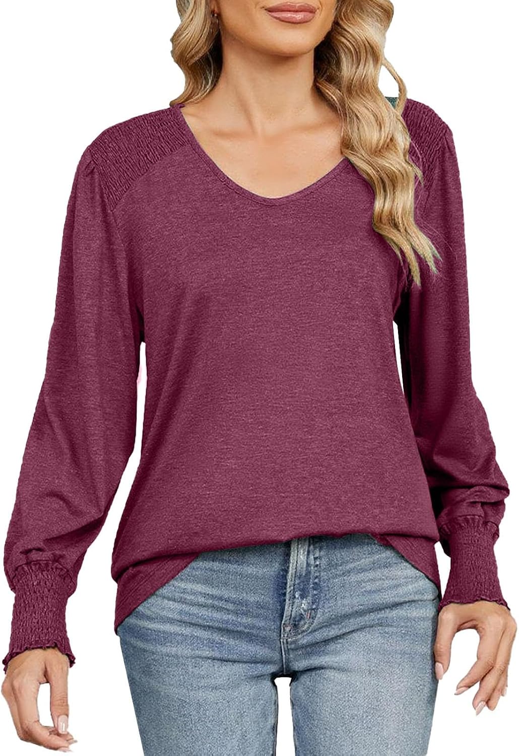 Womens Tops Fall V Neck Ruffle Cuffs Long Sleeve Blouse Casual Loose Dressy Shirts olid Tunic for Work