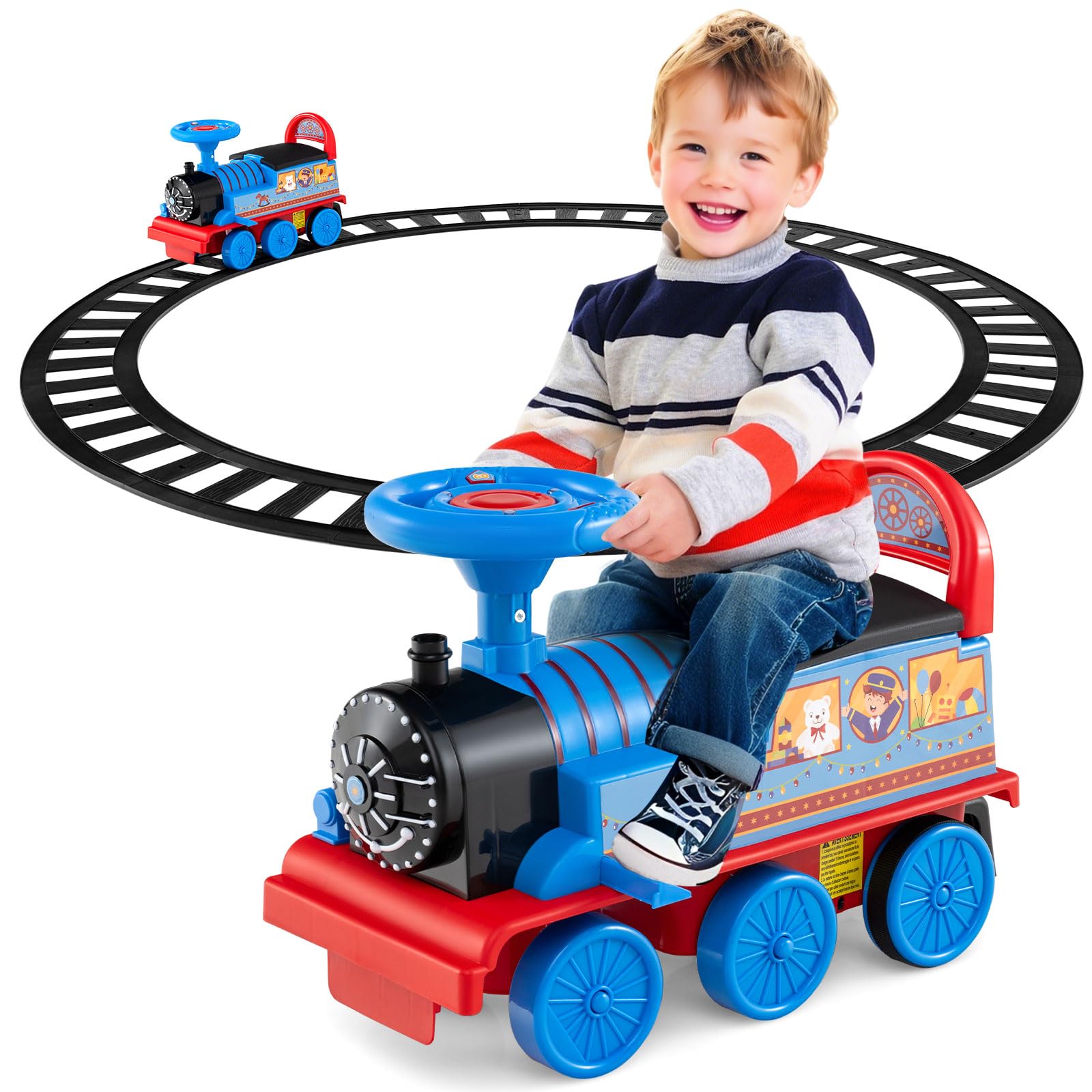 OLAKIDS Kids Ride On Train with Track, 6V Electric Toy with Lights and Sounds, Retractable Footrest, Under Seat Storage, Christmas Theme Battery Powered for Toddlers Boys Girls (Carnival)