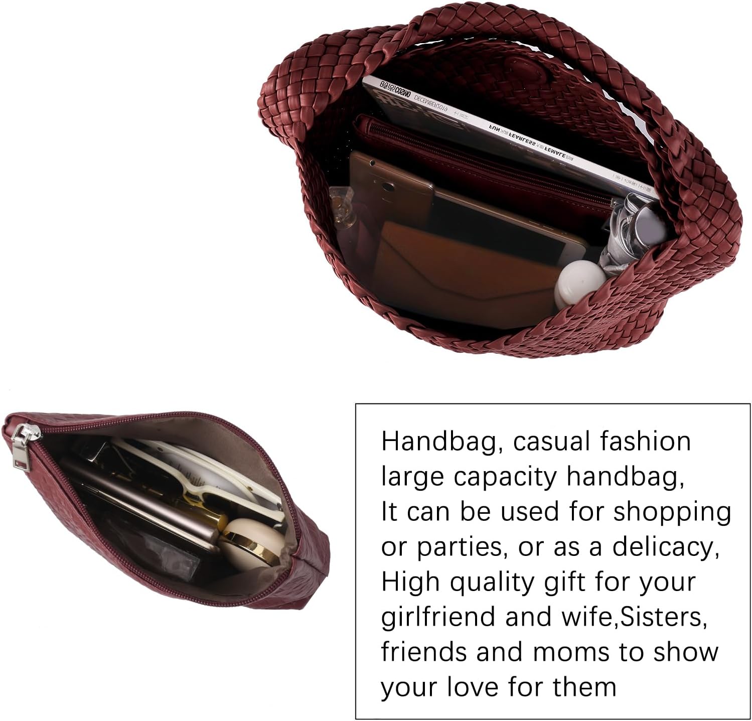 Woven Tote Bag For Women,Vegan Leather Hand Woven Handbags And Purse,Shoulder Bag Top-Handle Bag All-Match Underarm Bag - Image 5