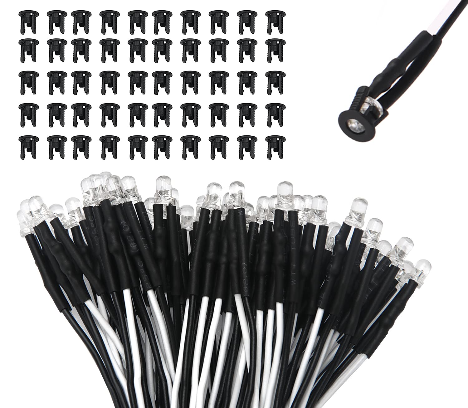 50 LED 3mm Pré-câblées 12V + 50 Supports - Blanc - Pour Décoration Et Projets DIY