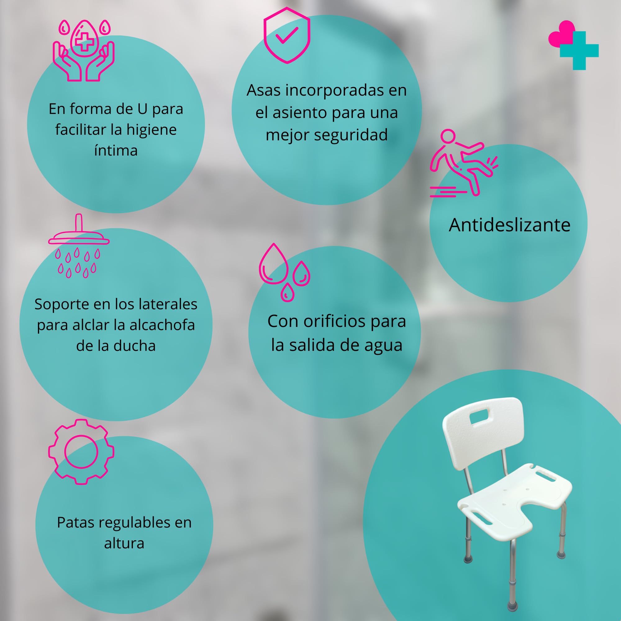Silla de Ducha para Personas Mayores con Respaldo y Asiento en U | Regulable en Altura | Silla de Baño Antideslizante con Asas | Ayuda para Higiene, Movilidad Reducida y Discapacidad