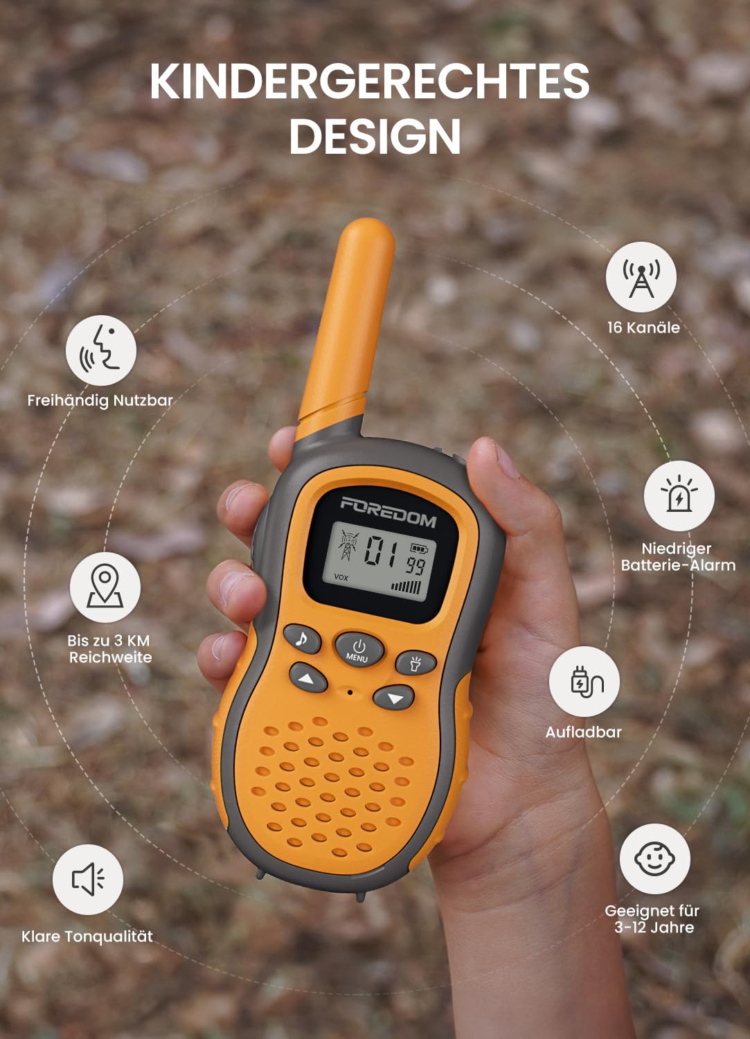 FOREDOM Wiederaufladbare Walkie Talkies für Kinder Walkie Talkies Funkgeräte Set 3-12 Jahre alte Jungen & Mädchen Spielzeug mit Taschenlampe, Abenteuer, Camping, Wandern – 3er Set
