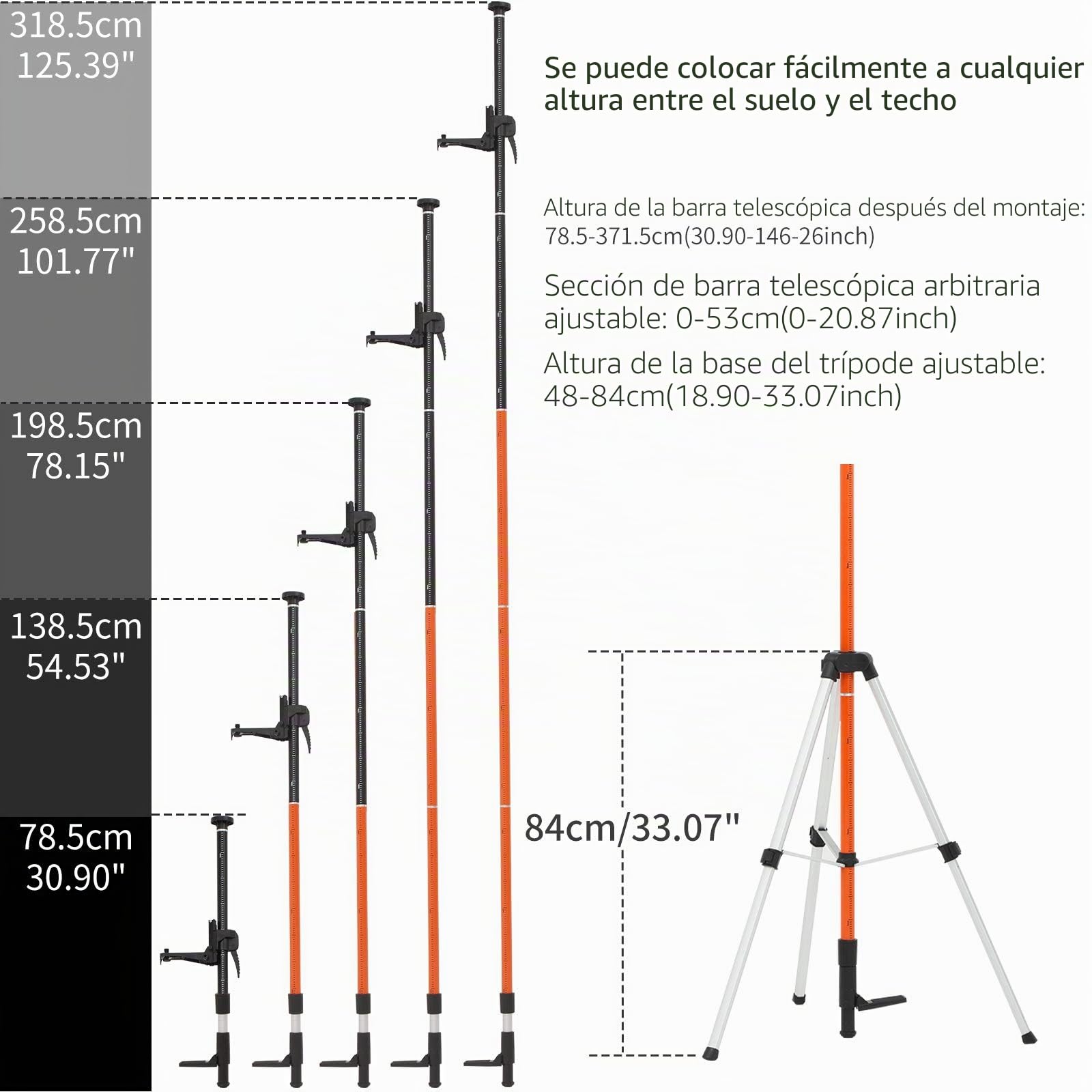 Poste Telescópico de soporte de nivel láser, 3,7 m Poste telescópico con trípode para láseres de nivel de láseres giratorios y de línea, con tornillos roscados de 1/4"-20 y 5/8"-11