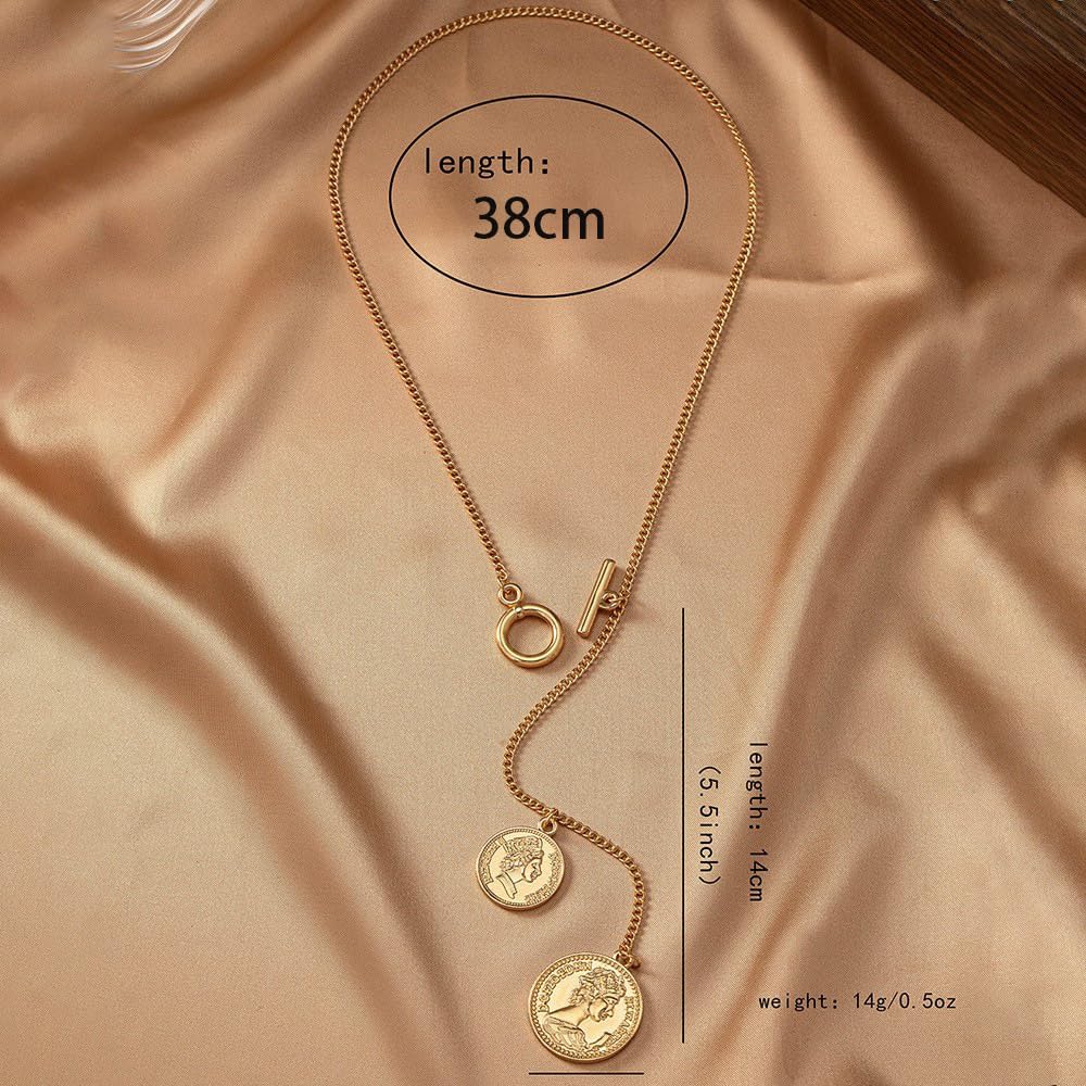 Gold Y Shaped Necklace for Women Trendy Coin Disc Long Chain Pendant Necklace Bohemian Style Coin Disc Ot Toggle Clasp Necklace Minimalist Statement Necklace Fashion Jewelry - Image 3