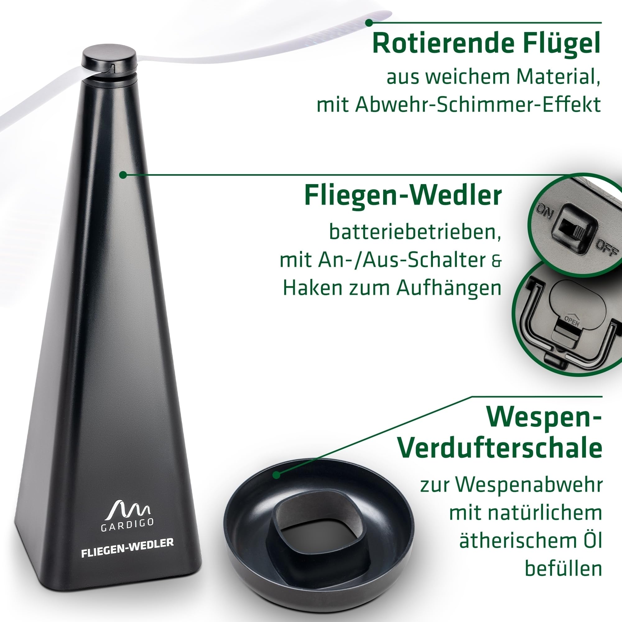 GARDIGO® Wespenwedler - 2er Set I Fliegenwedler mit Wespen Abwehr Schale | Fliegenabwehr, Fliegenvertreiber, Wespenschutz, Mückenabwehr | Insektenschutz