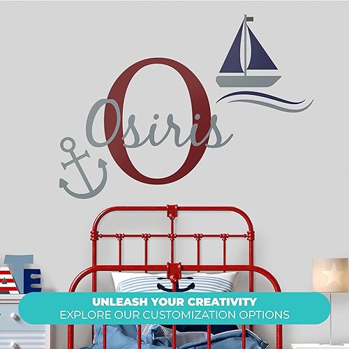 Miniatura 2 de Calcomanías de pared personalizadas de barco y ancla para bebé niña o niño, nombre personalizado e inicial para decoración de pared de guardería,