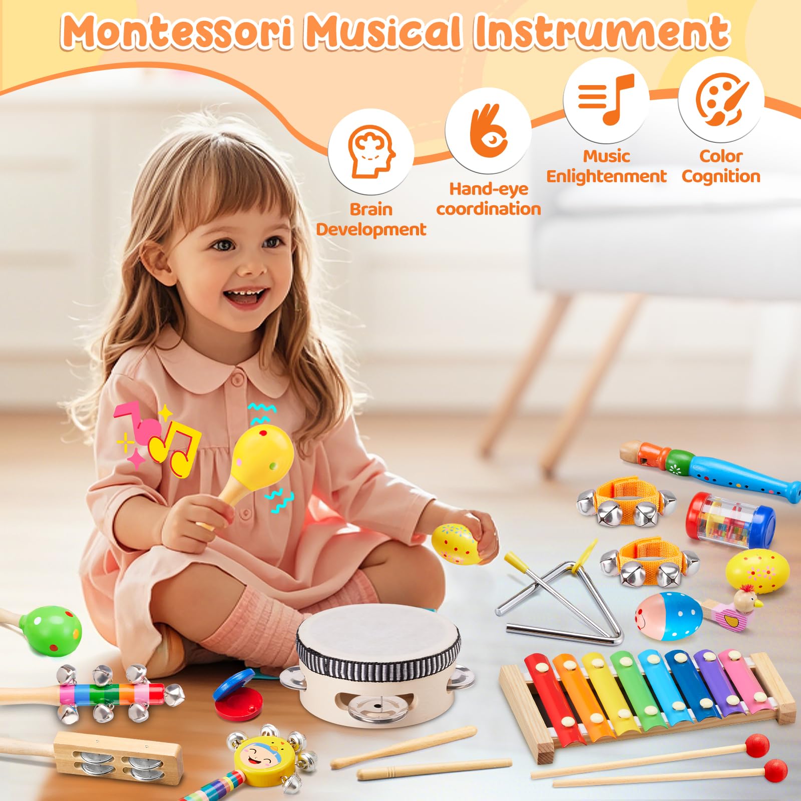 Batterie Enfant En Bois - Xylophone, Tambours, Cymbales - Jouet Musical 1-3 Ans - Éveil Montessori