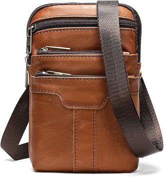 Leather Cell Phone Shoulder Bag Mens, Cell Phone Waist Bag Leather, Small PU Leather Shoulder Messenger Pouch Travel Crossbody Pack Belt Clip Holster Wallet Chest Bag for Cell Phone/Mini Tablet