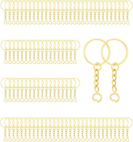 100 juegos de llaveros de 1 pulgada, llavero redondo dividido dorado con cadena y anillos de salto abiertos para hacer llaveros de bricolaje y