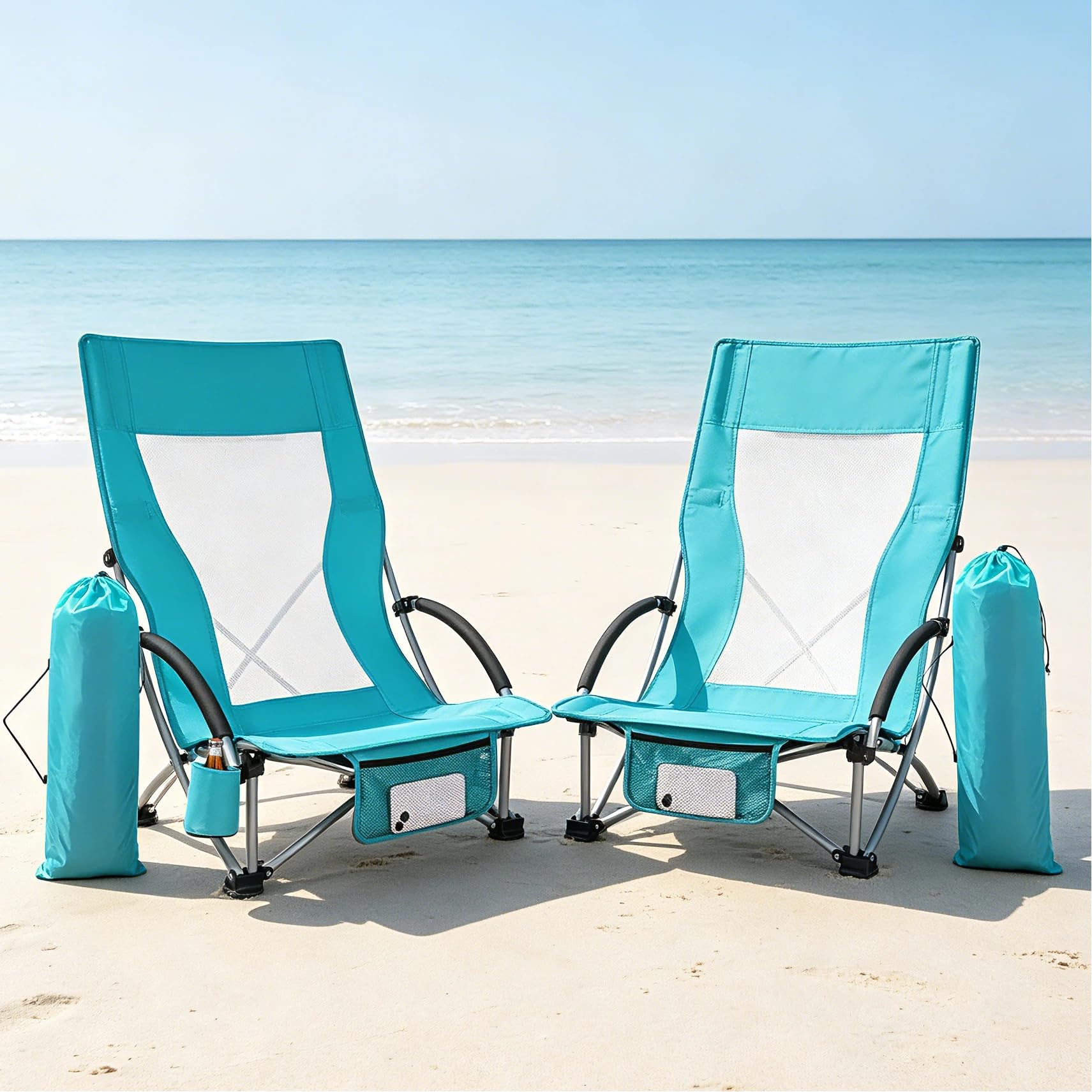 High Back Beach Chair 2 Pack, Breathable Full Mesh Low Folding Camping Chair, Lightweight Portable with Padded Armrests Cup Holder Headrest Carry Bag, Supports 100kg, for Beach Festival Picnic Garden
