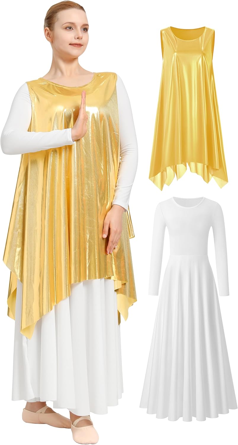 MOLLDAN 2-Piece Praise Dance Dress Set Tunic Liturgical Dancewear Irregular Worship Dress for Church Choir Performance