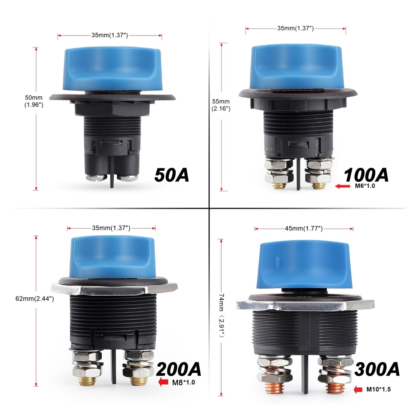 Interruptor de batería de coche, 50, 100, 200 y 300 A, azul, desconectador de batería, kit de interruptor de corte for RV, motocicleta, camión, barco(300A)