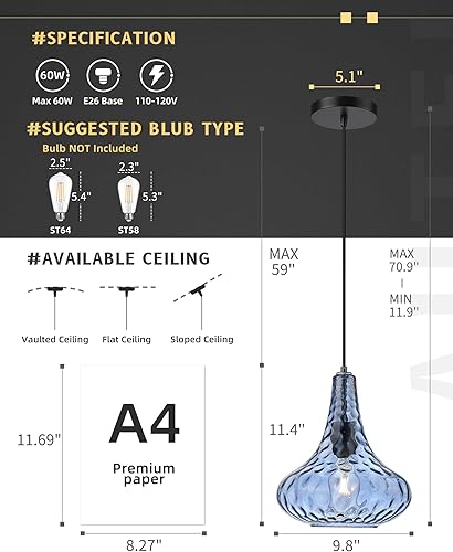 Miniatura 4 de AUTELO H9164 BU - Lámpara colgante de cristal martillado de 10 pulgadas, moderna lámpara colgante en acabado negro mate, lámpara colgante para