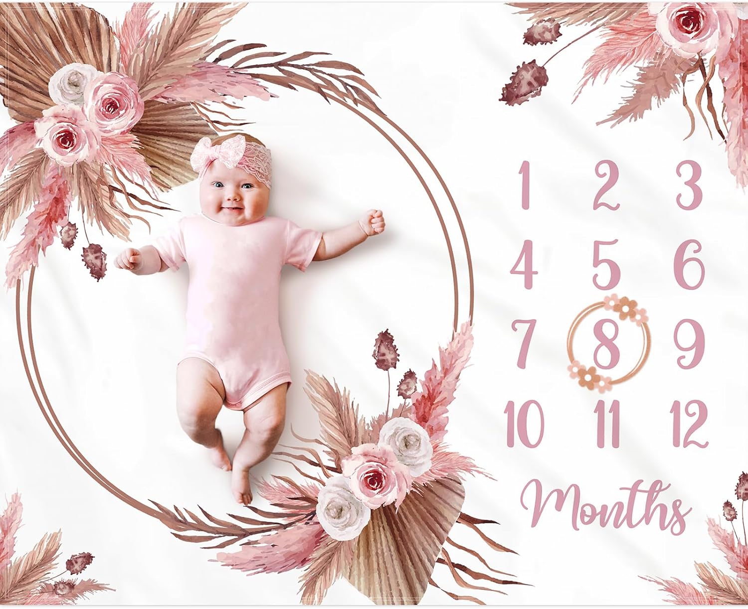 Floral Boho Baby Monthly Milestone Blanket Little Girl Bohemian Photo Prop Blanket Personalized Bliss Baby Present Pampas Grass Ideas for Newborn Princess Pinkk Nursery Décor 40" X 50"