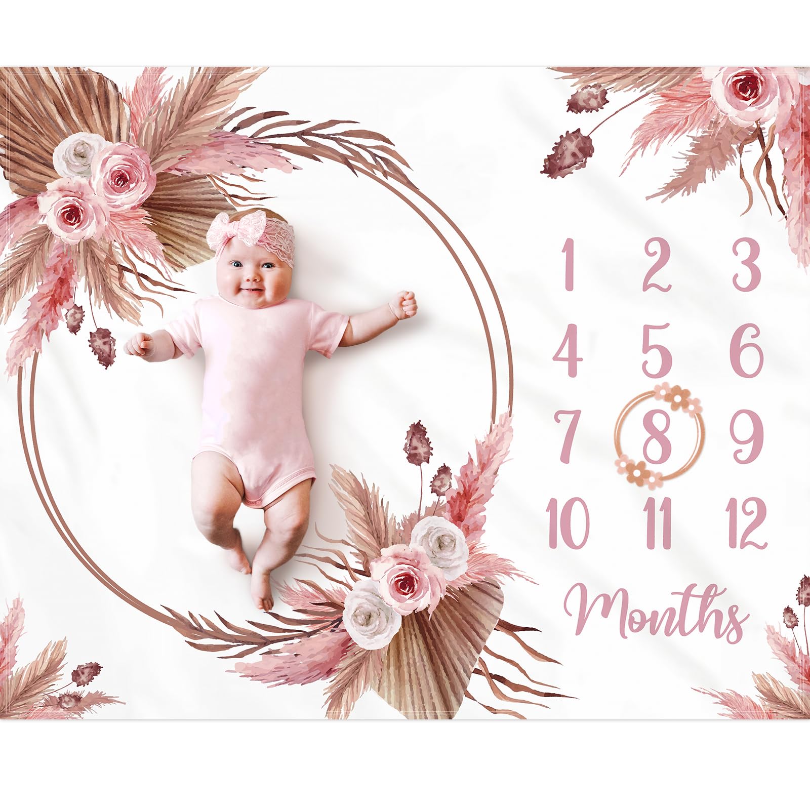 Manta Floral Bohemia mensual para bebé, Manta Bohemia para Fotos, Regalo Personalizado para bebé, Ideas de Hierba de Las Pampas para recién Nacida, Princesa, decoración de guardería Rosa,