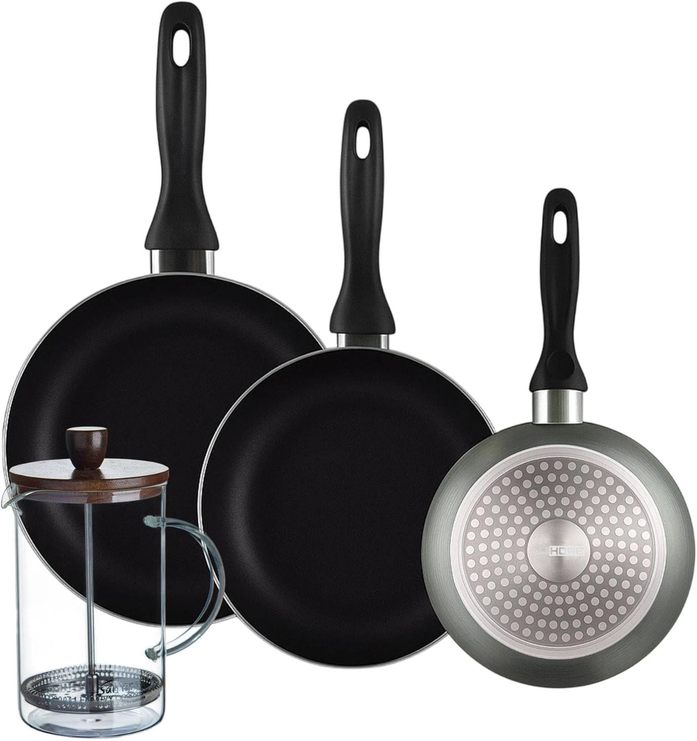 Well Home Set of 3 Pans Diameter 16 x 20 x 24 cm Made of Pressed Aluminium in Metallic Grey + Borosilicate Glass Coffee Maker 15.8 x 10 x 18.8 cm