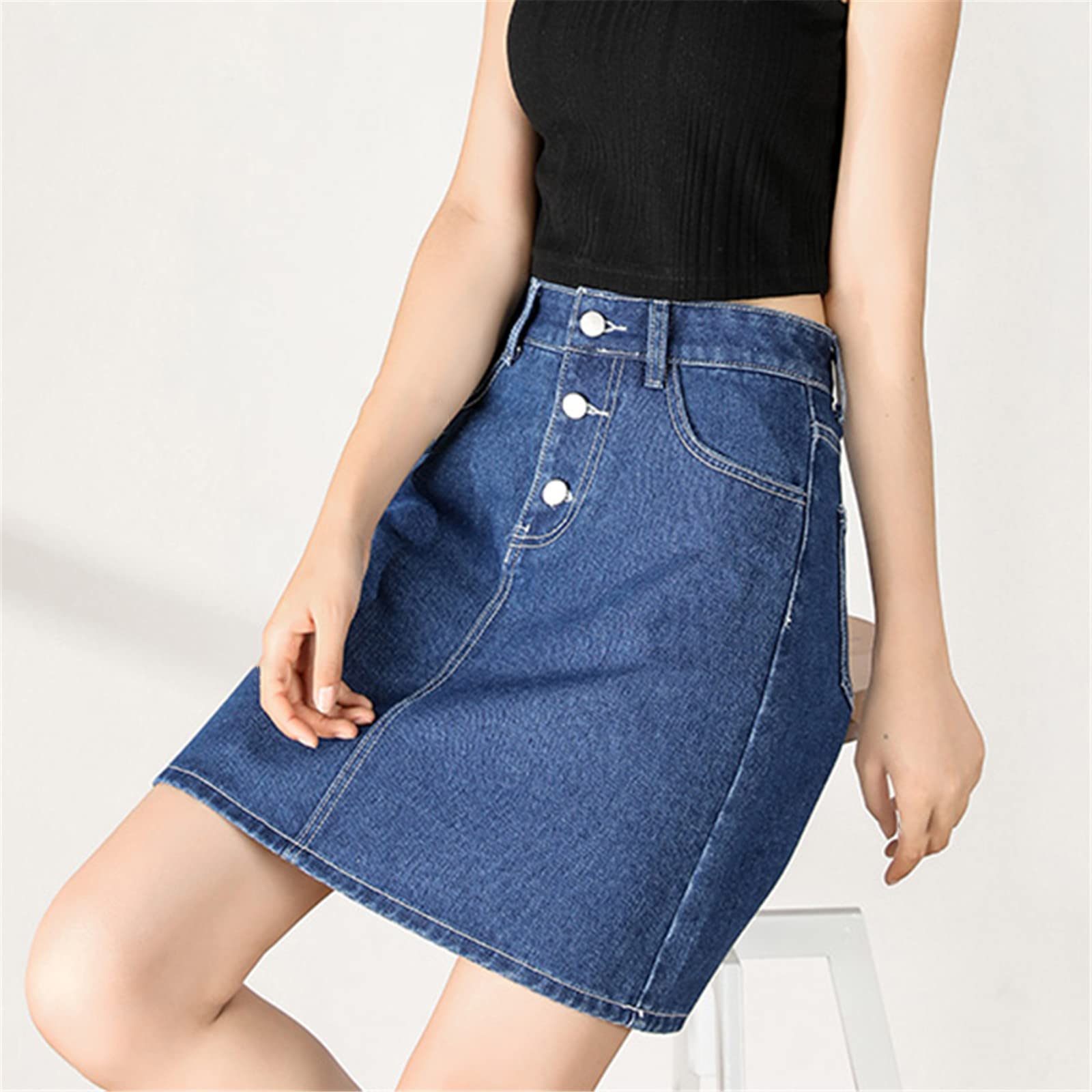 A-Line Blu Mezza Lunghezza Donne Gonne A Vita Alta Aderente Denim Gonne per Le Donne Allentate Estate Mini Gonne Femminili, Blu, XL