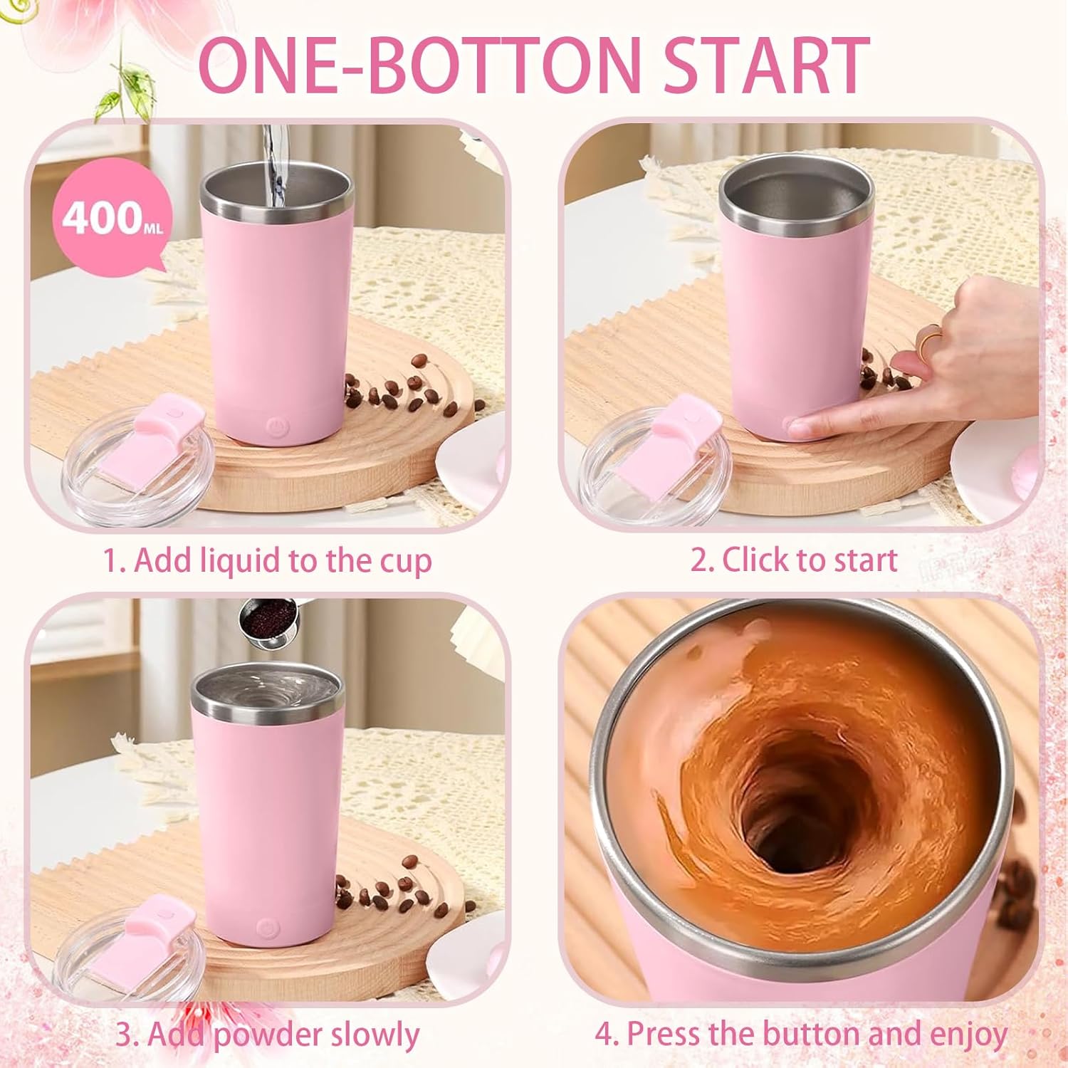 Self Stirring Mug with Lid, 13.5oz Magnetic Stirring Coffee Cup, Rechargeable 316 Stainless Steel, Auto-Mixing for Coffee, Milk, Protein Powder（Pink） - Image 4