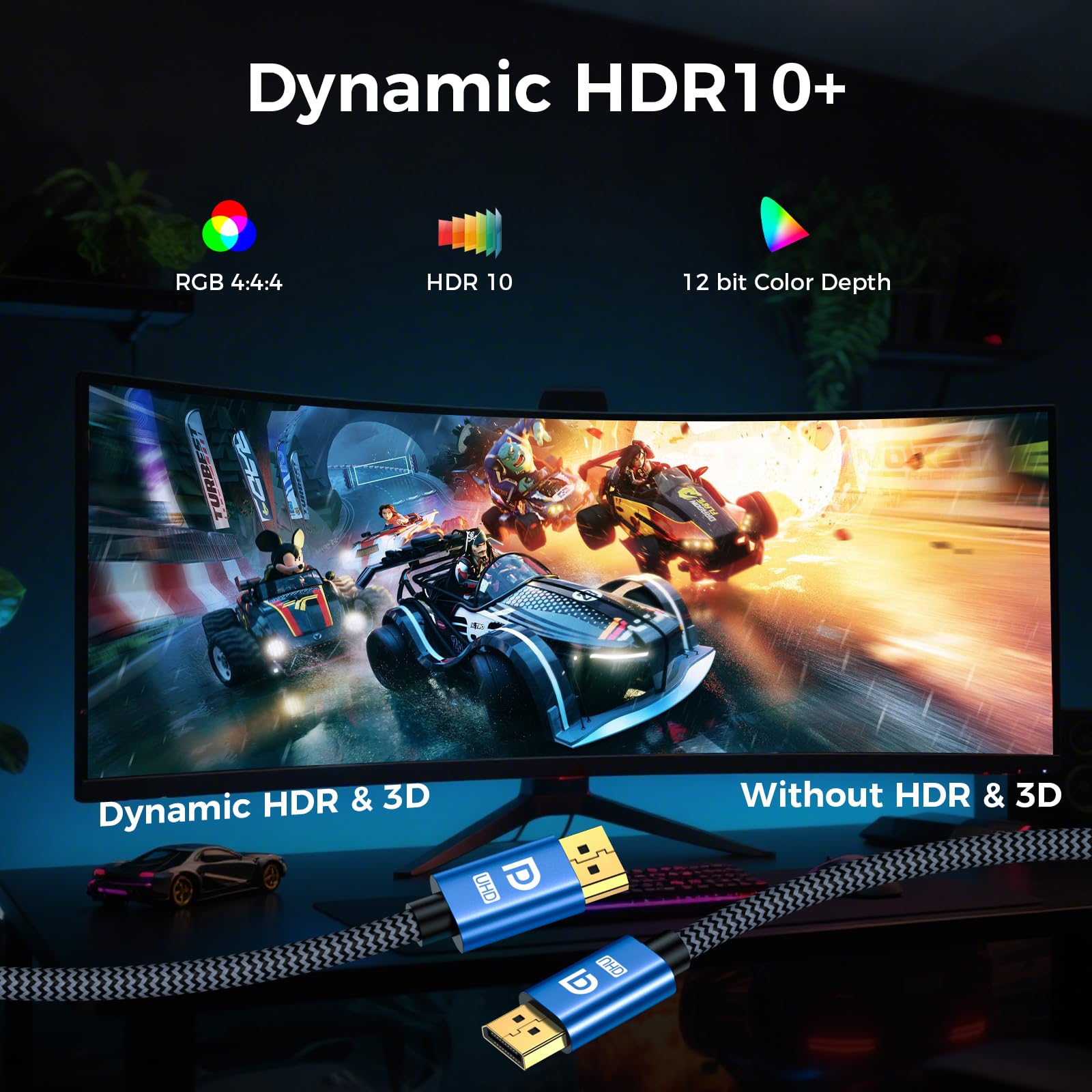 Kabel DisplayPort 2M, Display Port 1.4, Kabel DP Obsługa 8K@60Hz, 4K@144Hz, 2K@240Hz, 32.4Gbps, HBR3 HDR, DSC 1.2, G-Sync FreeSync, Kabel Display 2.0 Lead dla Laptopa Gaming Monitor PC TV - Niebieski