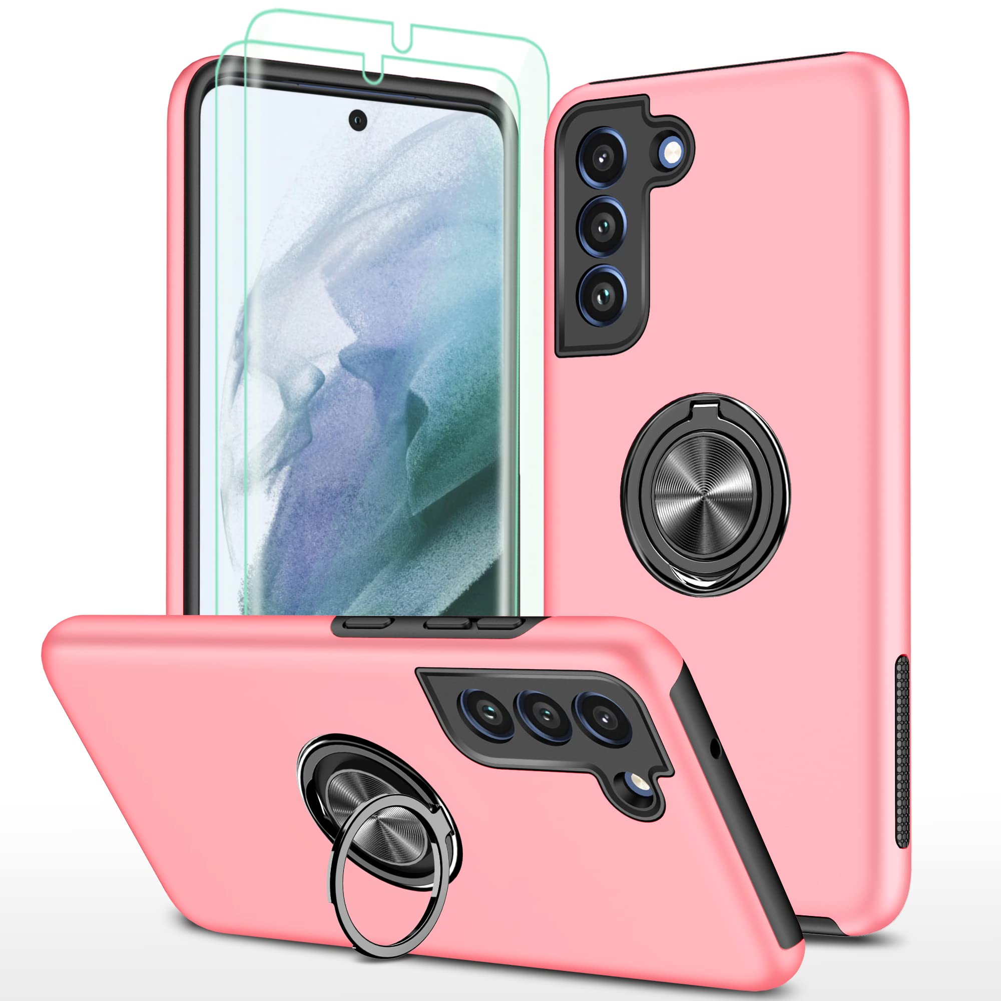 HONG-AMY for Galaxy S21 Case, S21 Case with Self Healing Flexible TPU Screen Protector [2 Pack], Military Grade Invisible Kickstand Phone Case for Samsung Galaxy S21 5G-Pink