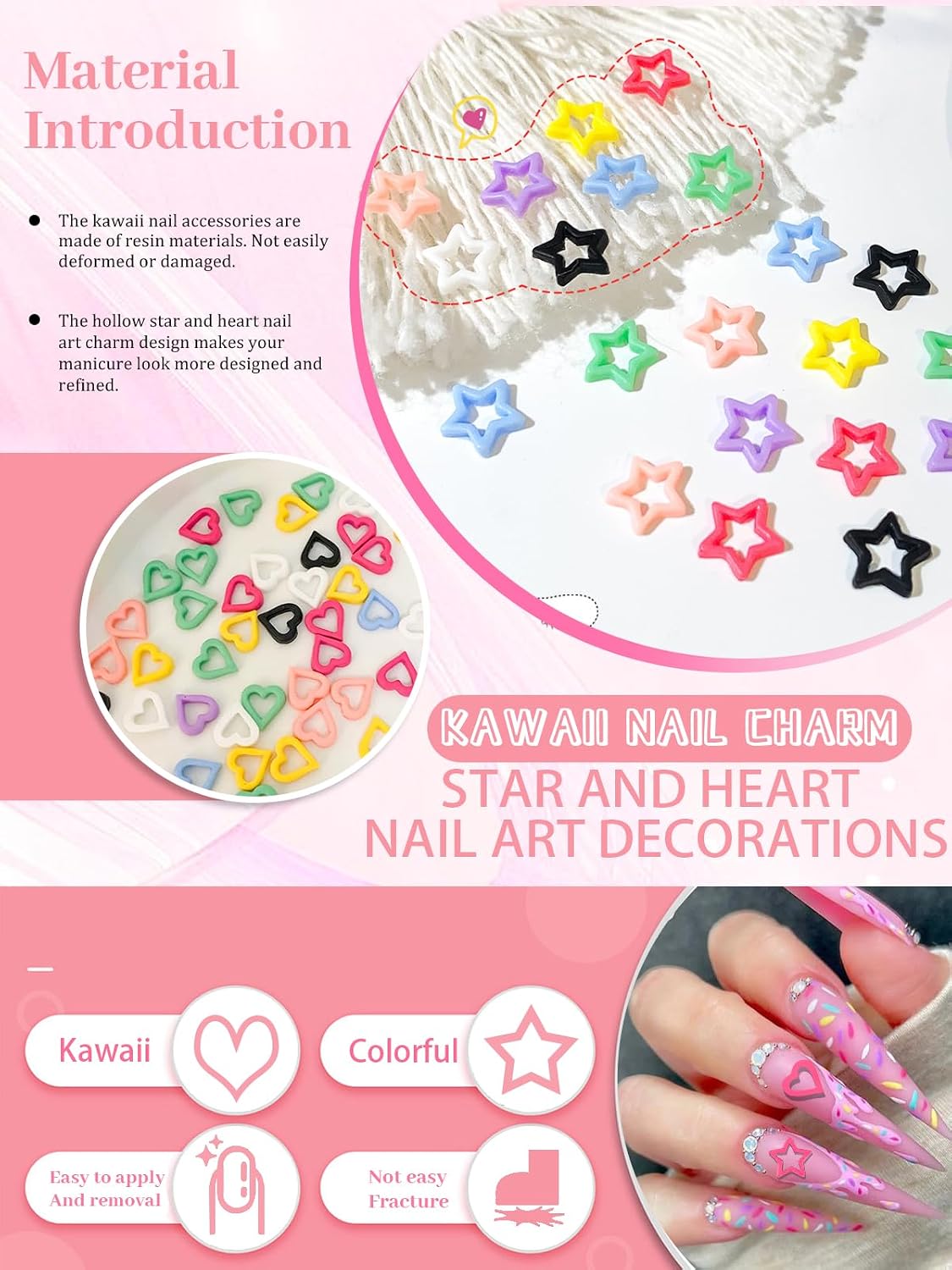 160Pcs Kawaii Nail Charms, CYHYII 3D Heart Stars Colorful Resin Nail Art Charm Acrylic Cute Love Nail Gems for Women Girls Nail Decorations DIY Manicure Craft Jewelry