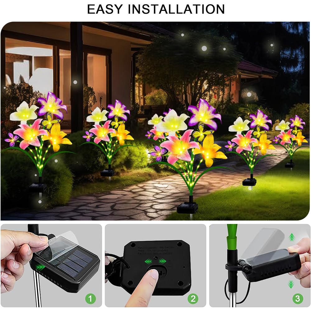 Confezione da 2 luci solari da giardino con 8 gigli, luci decorative per esterni, per giardino, regalo per familiari e amici, IP65, impermeabili, luci solari per esterni, per cortile, patio,
