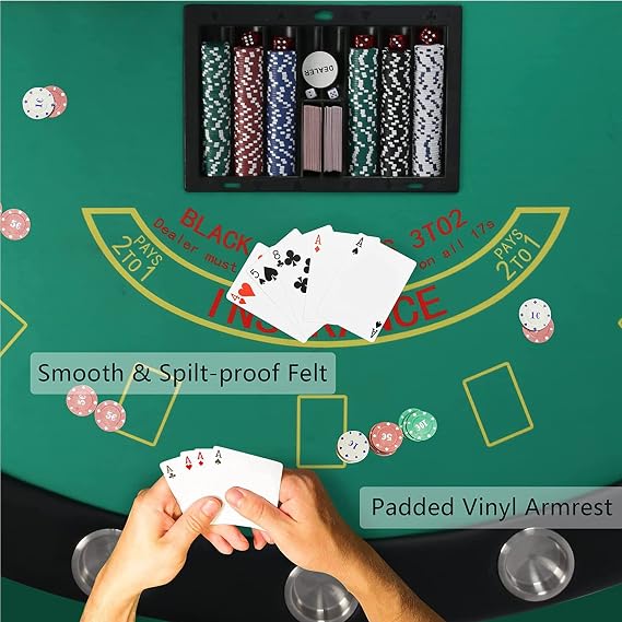 7 Player Blackjack Table with Folding Legs 71'' Casino Game Table Removable Metal Cup Holder Green Felt