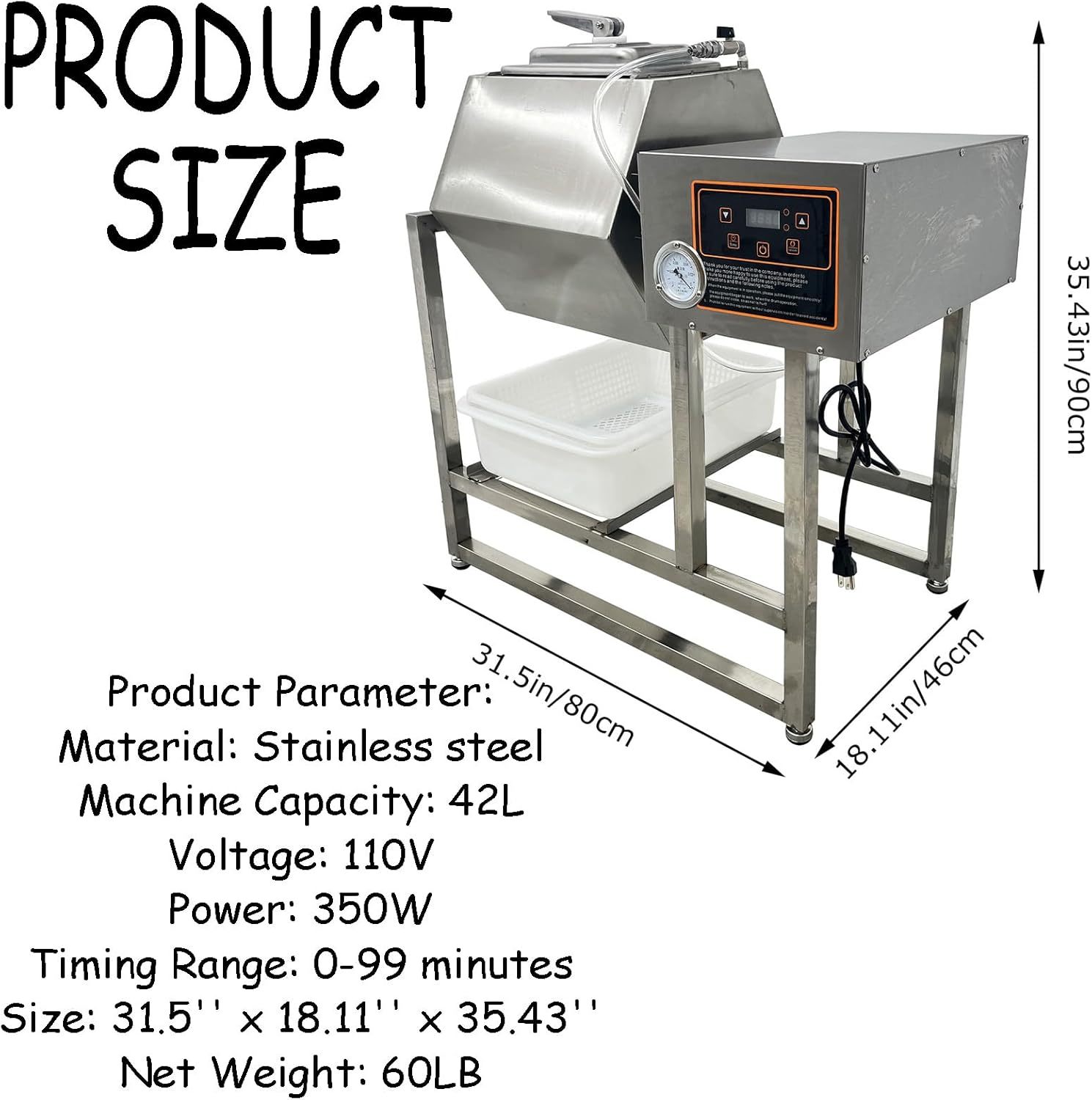 45L Commercial Vacuum Meat Tumbler Marinator Machine Stainless Steel Electric Food Marinator Hexagonal Rotatable Marinating Machine for Chicken Steak Vegetables