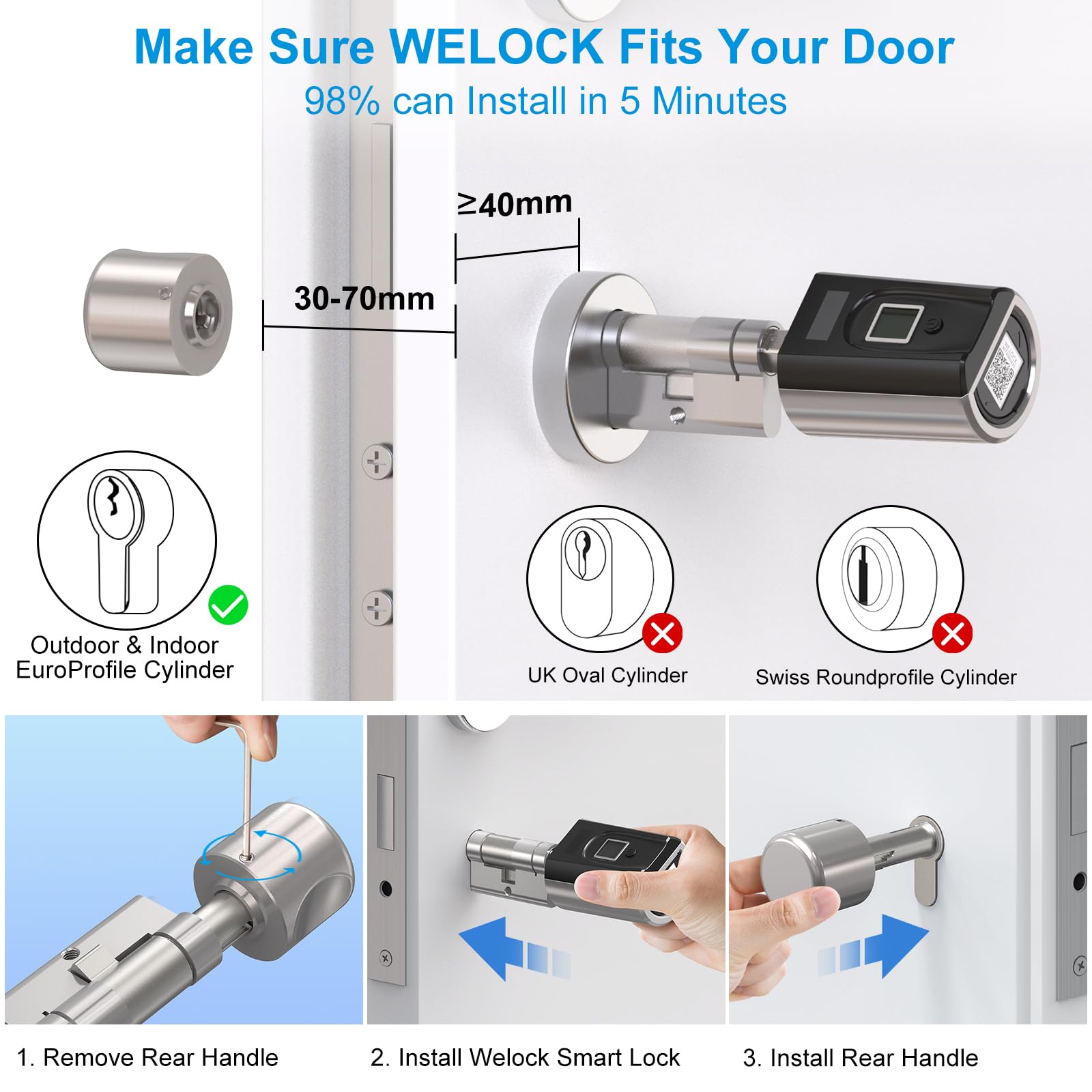WELOCK SECBN51 Serratura smart Serratura Impronta Digitale, con scheda RFID,APP Serratura biometrica con WiFi,serratura elettronica cilindro,serratura con impronta digitale per la porta d'ingresso