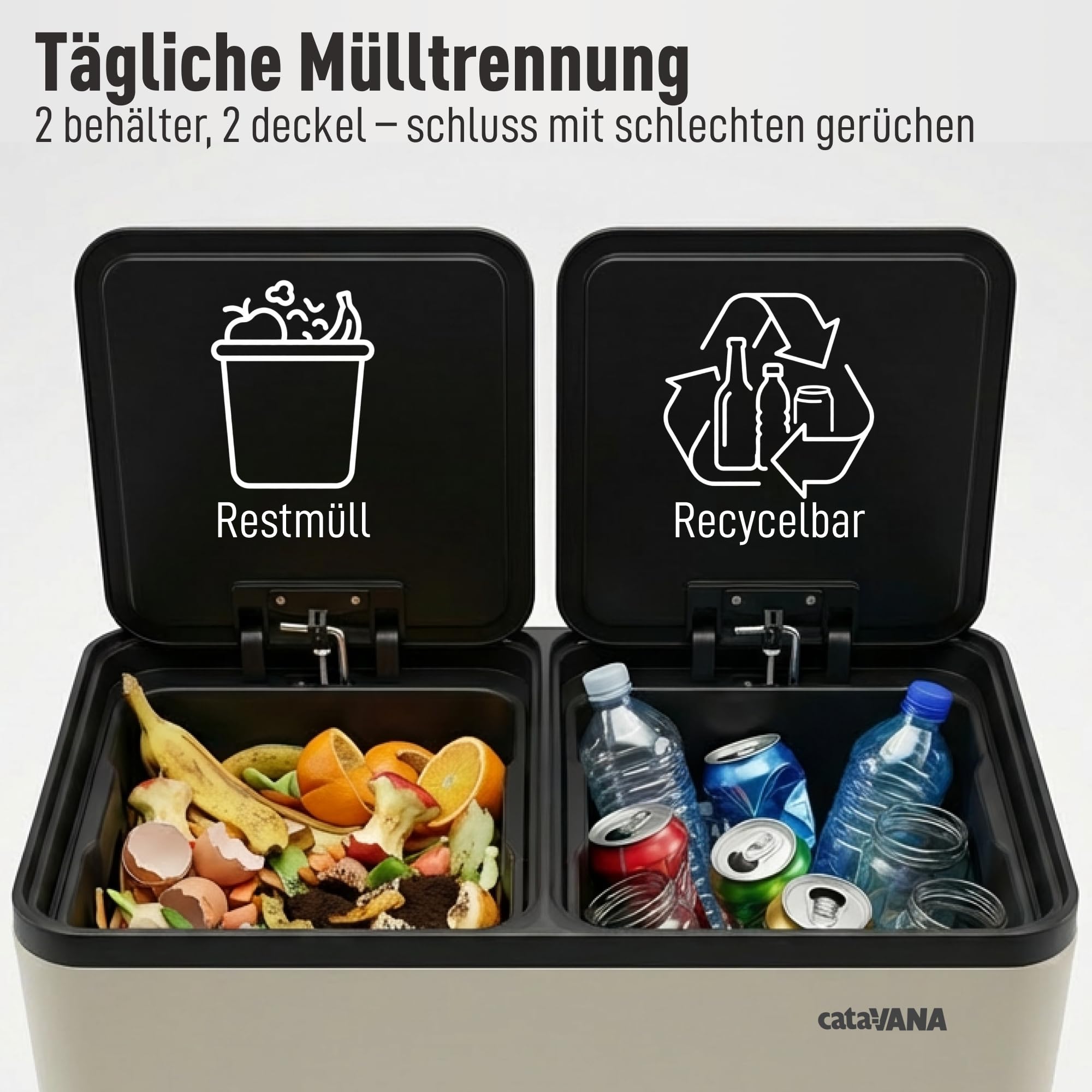 CATAVANA Mülleimer Küche Mülltrennung 2 x 30 Liter - Doppelfach 60 Liter - Moderner Mülleimer für Recycling - Elegantes Design - Beige