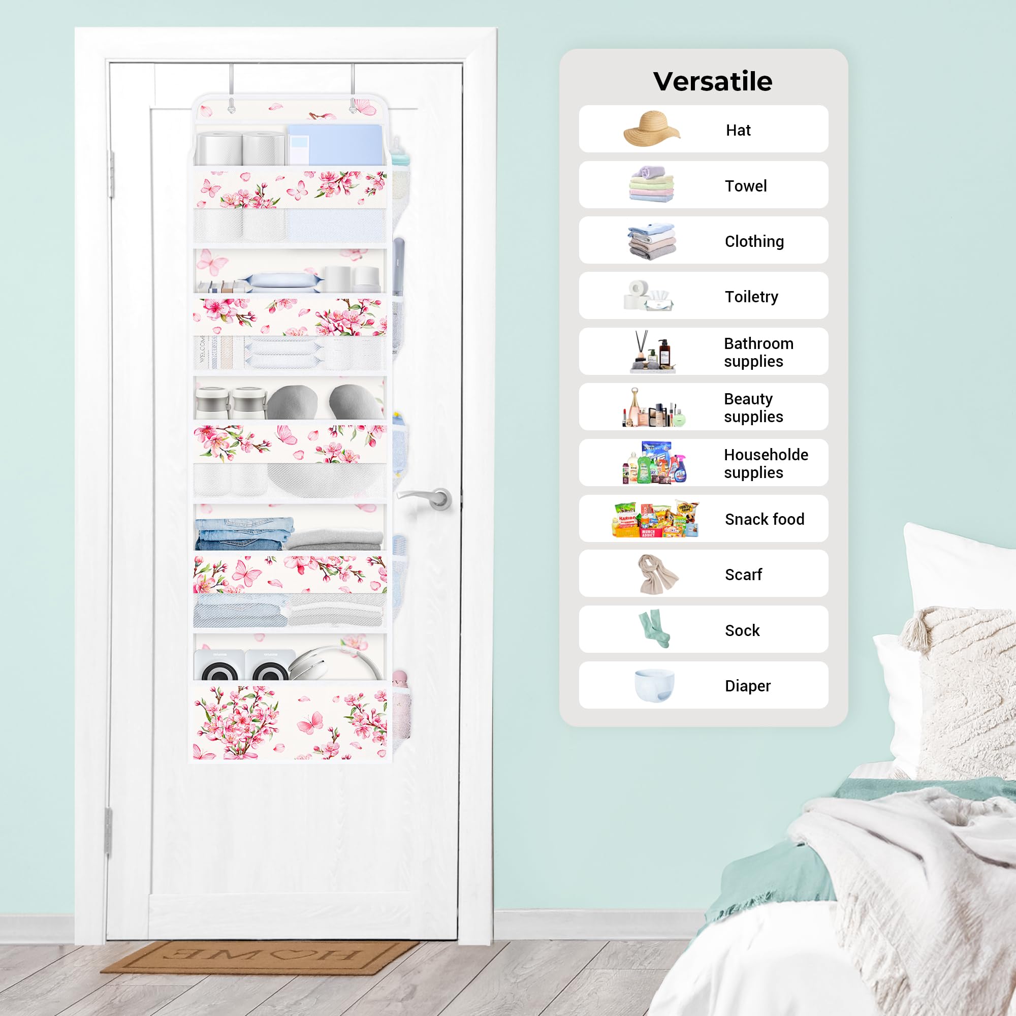Clastyle Organisateur Suspendu Tissu Fleur Rangement Suspendu Femme Filles pour Jouet Couche Vêtement Étagère Suspendue Porte pour Chambre Salle de Bain Pantry, Fleur de Cerisier, 5 Compartiments
