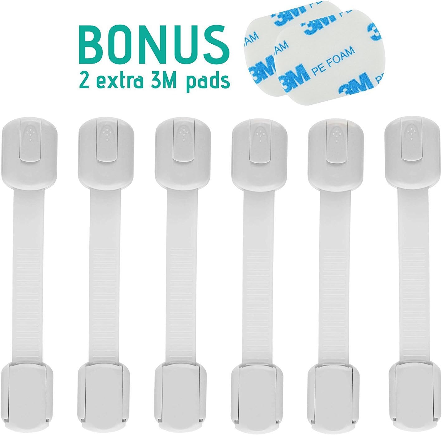 Child Safety Locks - Latches for Baby Proofing Cabinet, Drawers, Appliances, Toilet Seat, Fridge, Oven, etc | Adjustable Strap and Latch System | Uses 3M Adhesive | No Tools or Drilling | 6 Pack