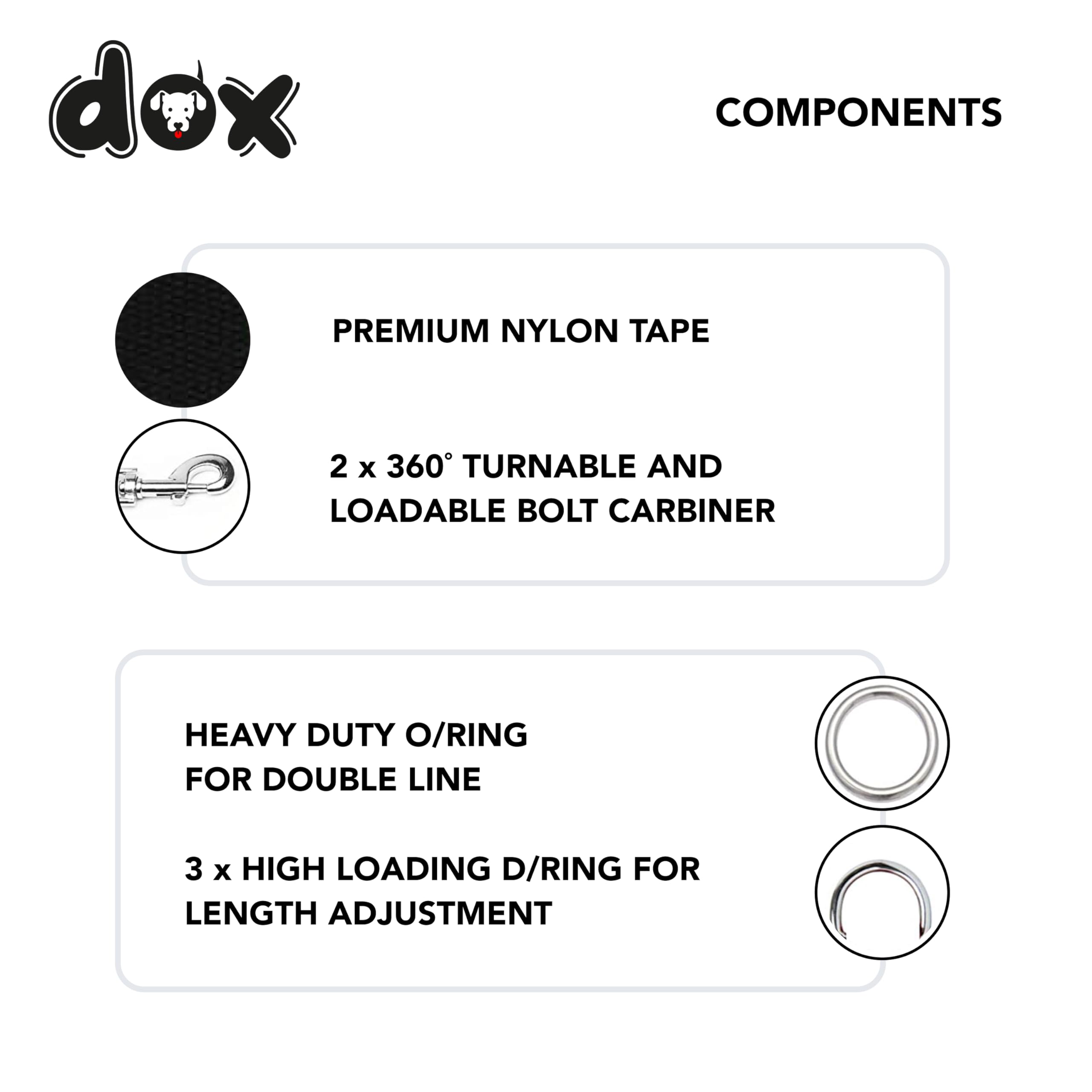 DDOXX Guinzaglio Addestramento per Cani Piccoli e Grandi in Nylon, Regolabile in 3 Modi, 2m | Doppio per Gatti Cuccioli | Accessori | Nero, XS