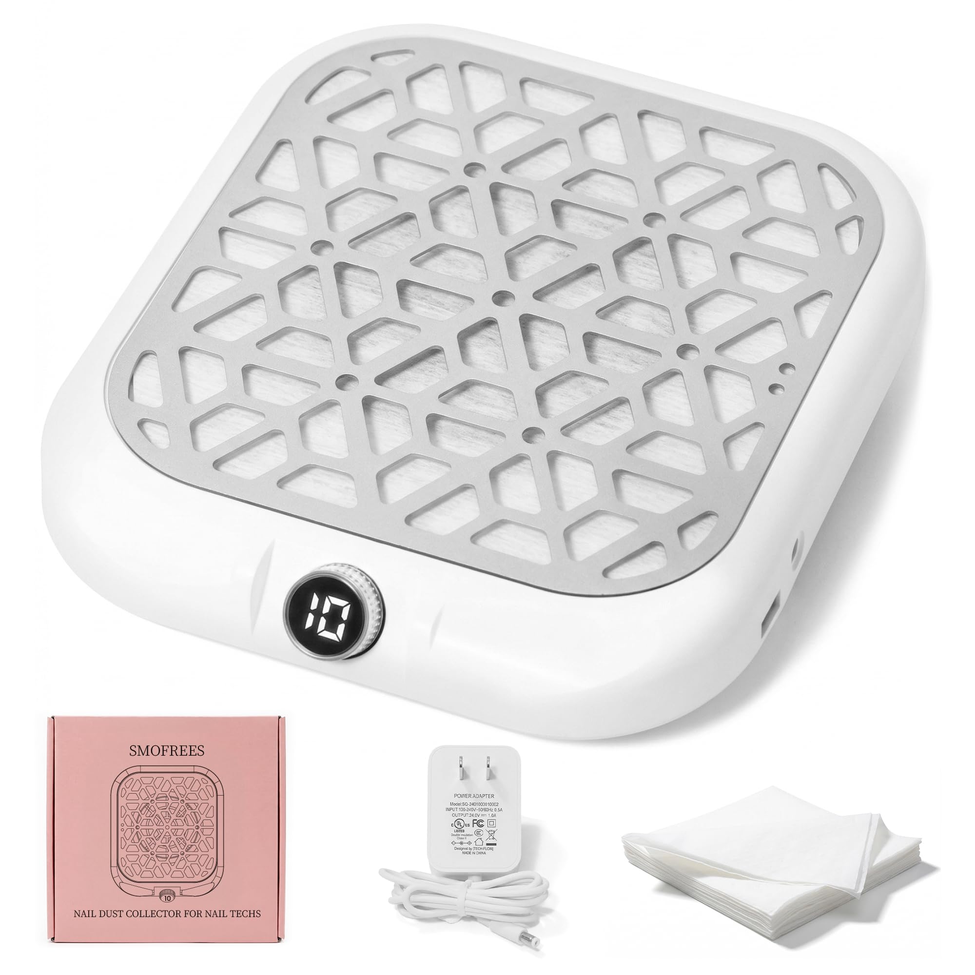 Nail Dust Collector - Professional Powerful Dust Collector Nail Tech with LED Display, 10 Suction Modes, Acrylic Nail Tools with 30 Disposable Filter Papers, White