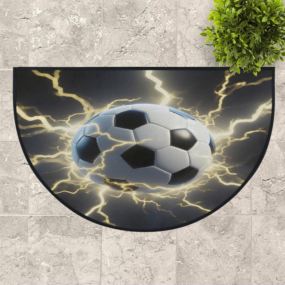 Große halbrunde Fußmatte – Soccer Lightning rutschfest, saugfähig, halbrund, Eingangsbereich, niedlich, weich, halbrund, waschbar, Teppich für Küche, Badezimmer, Schlafzimmer, 160 x 100 cm