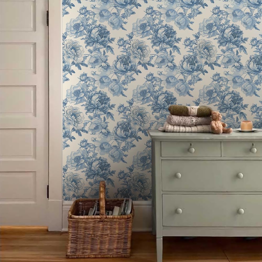 MuralPeel Cream Yellow Blue Vintage Peony Floral Peel and Stick Wallpaper Self Adhesive Removable Easy Peel Off Stick on Wall Paper for Bedroom Cabinet Renter