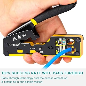 Brileine RJ45 Crimp Tool Pass Through Crimper for RJ45 Connectors | Cat6 Cat6a Cat5 Cat5e Connector Ethernet Crimper Tool with Mini Cable Stripper