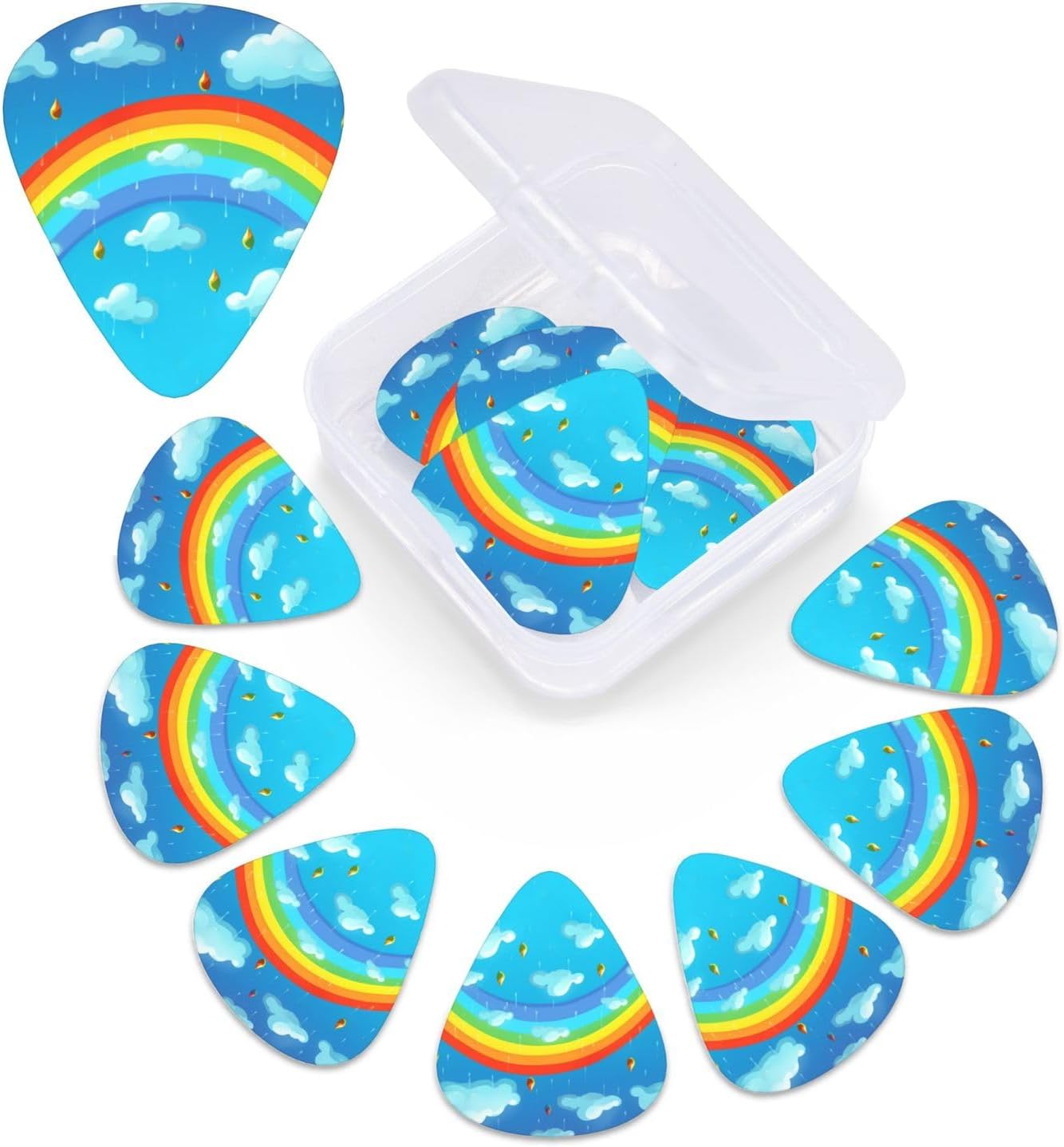 Rainbow Clouds Raindrop Print Guitar Picks 12 Pack Guitar Plectrums with Storage Box Bass Picks For Acoustic Guitar Bass Electric Ukulele Includes 0.46mm, 0.71mm, 0.96mm