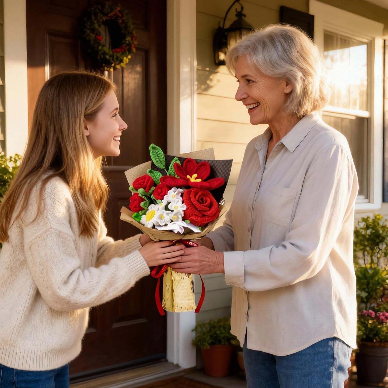 Crochet Flowers,Crochet Flower Bouquet of Crochet Roses, Handmade Lilies Flowers, Knitted Completed Preserved Gifts for Women, Girlfriend's Day Anniversary Mother's Day Birthday (Beige)
