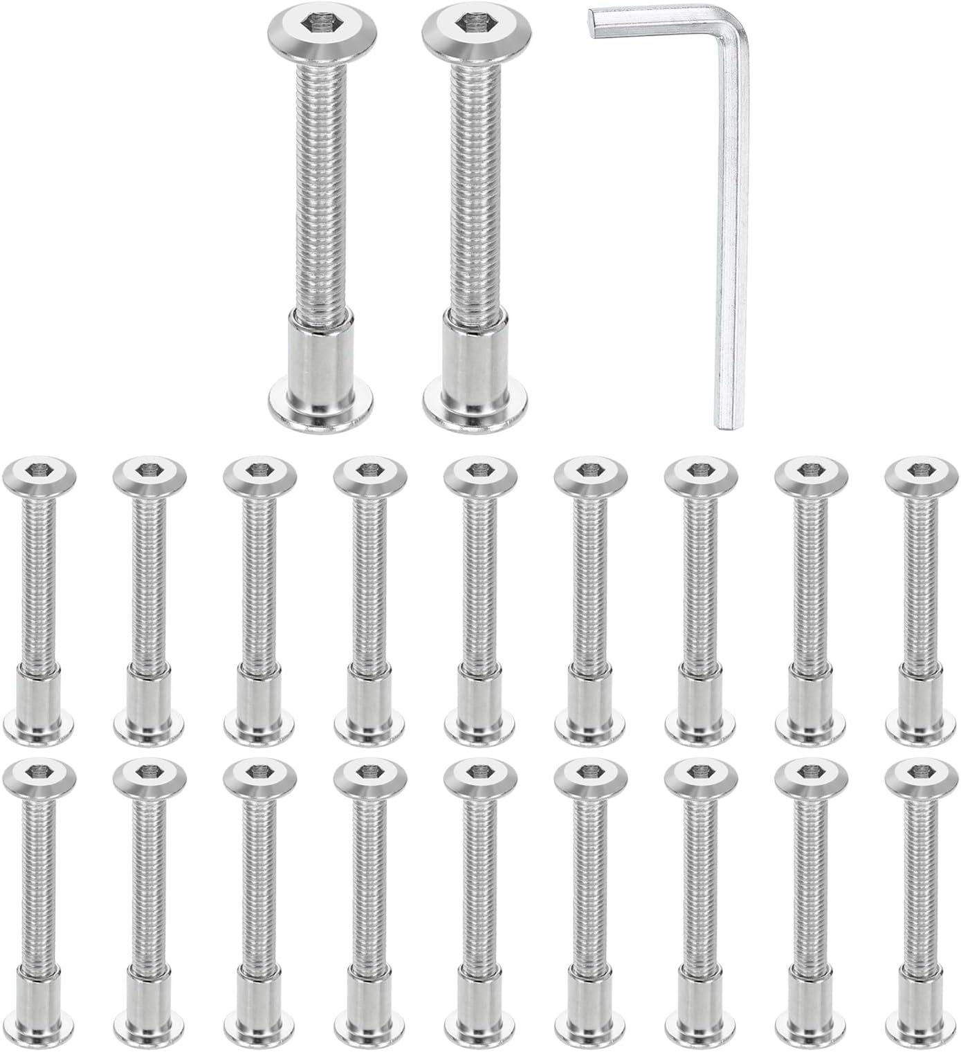 sourcing map 20 Set M6x55mm Hex Drive Socket Cap Bolt and M6x12mm Nuts with M4 Hex Wrench, Furniture Connector Bolts and Screws for Furniture Countersunk Belt, Silver