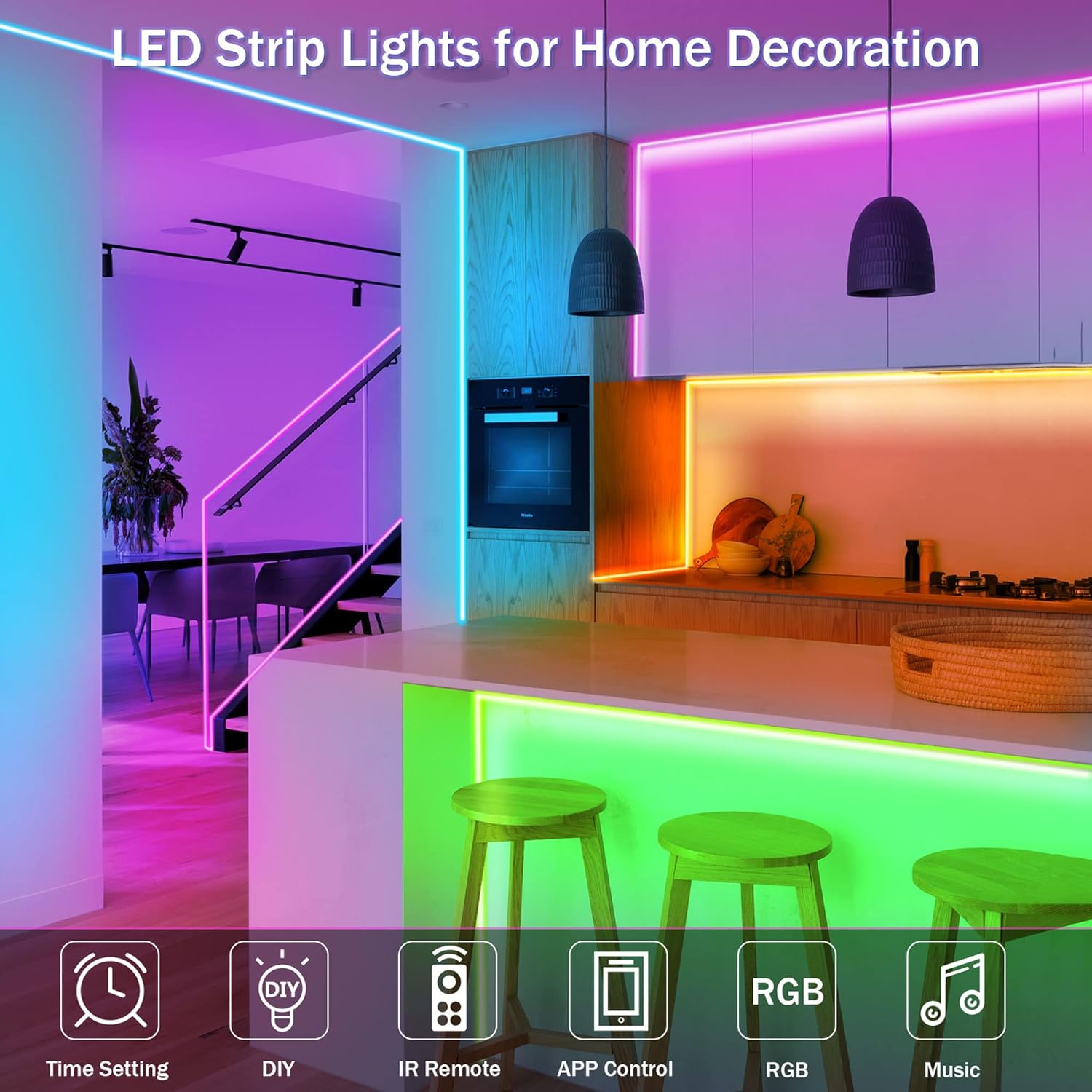 KEELIXIN LED Lights Music Sync RGB LED Strip Lights with APP & Remote Control (100ft)