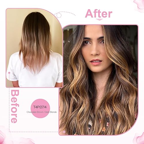 Vista 6 de Evala Extensiones de cabello humano Remy con cinta adhesiva, color marrón chocolate a rubio oscuro, #T4/P27/4, 20 unidades, 1.41 onzas, extensiones