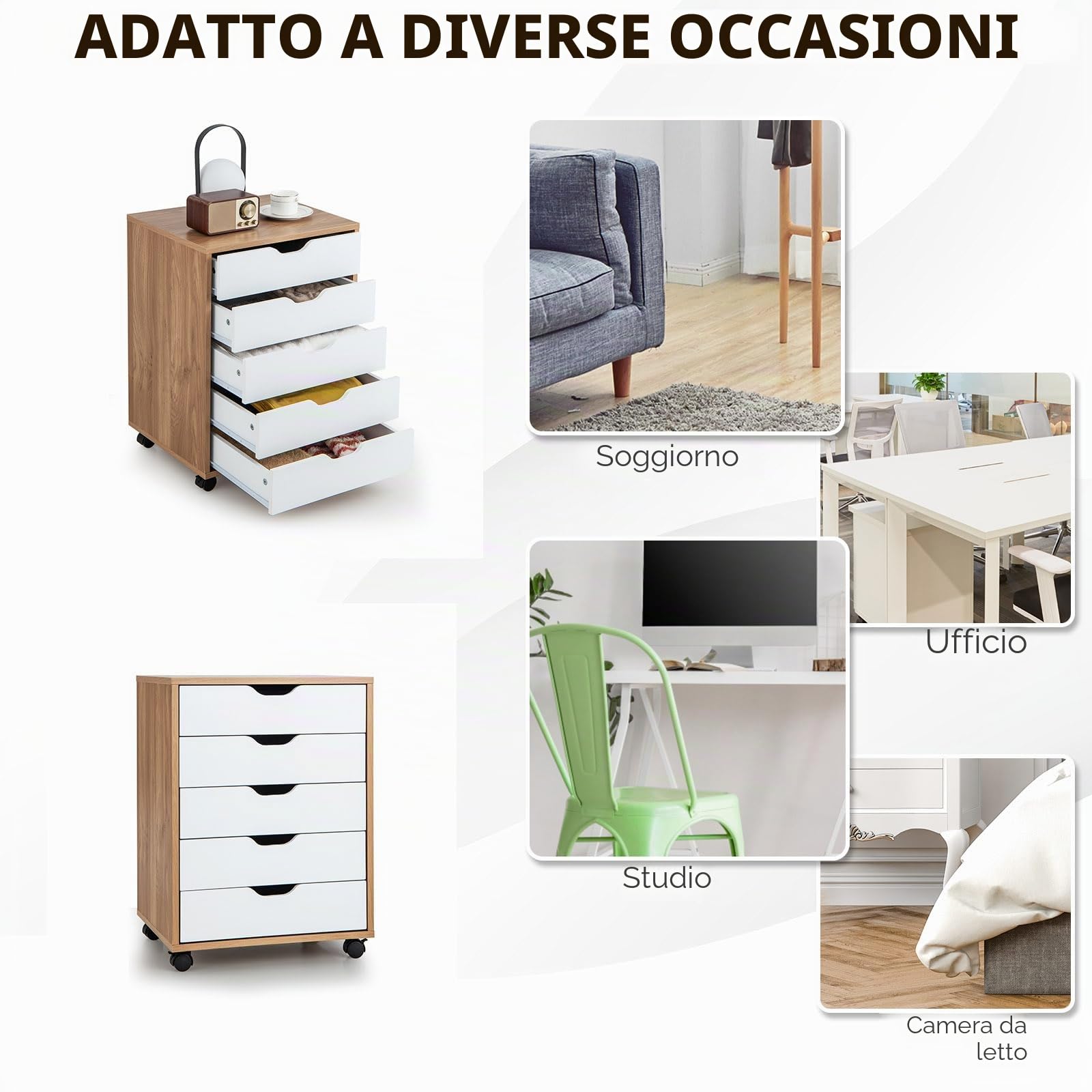 KOMFOTTEU Cassettiera Ufficio con 5 Cassetti, Cassettiera Scrivania con Ruote Universali, Schedario Portadocumenti in Legno per Soggiorno, Camera da Letto, Studio, 49 x 42 x 66 cm (Naturale)