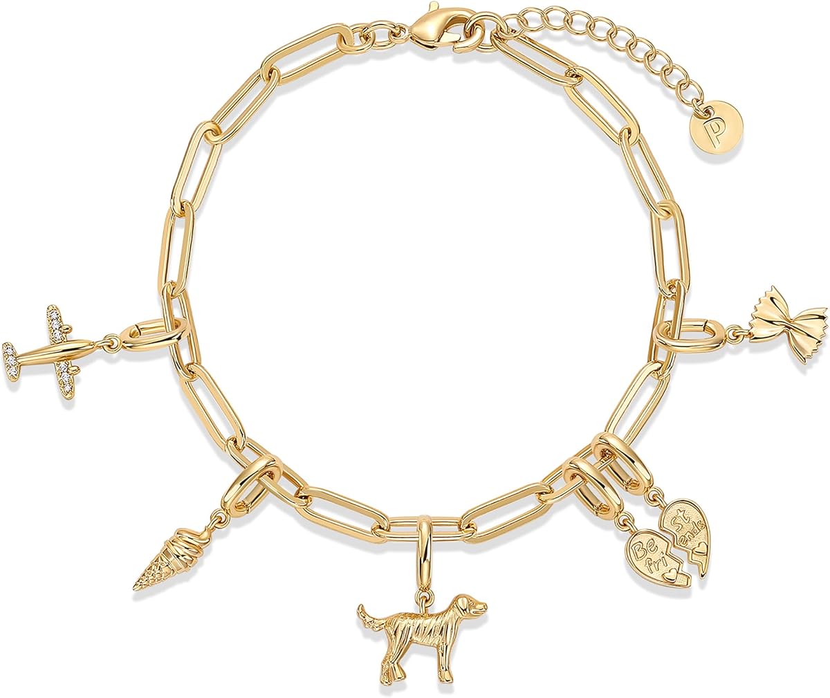 PAVOI Pulsera ajustable chapada en oro de 14 quilates para mujer | Pulseras de cadena con dijes de barra retorcida y clip con luna, mal de ojo, osito de peluche, candado de corazón del día de San Valentín, avión, perro, bota de vaquero, gato, Cupido y más | Joyería de moda